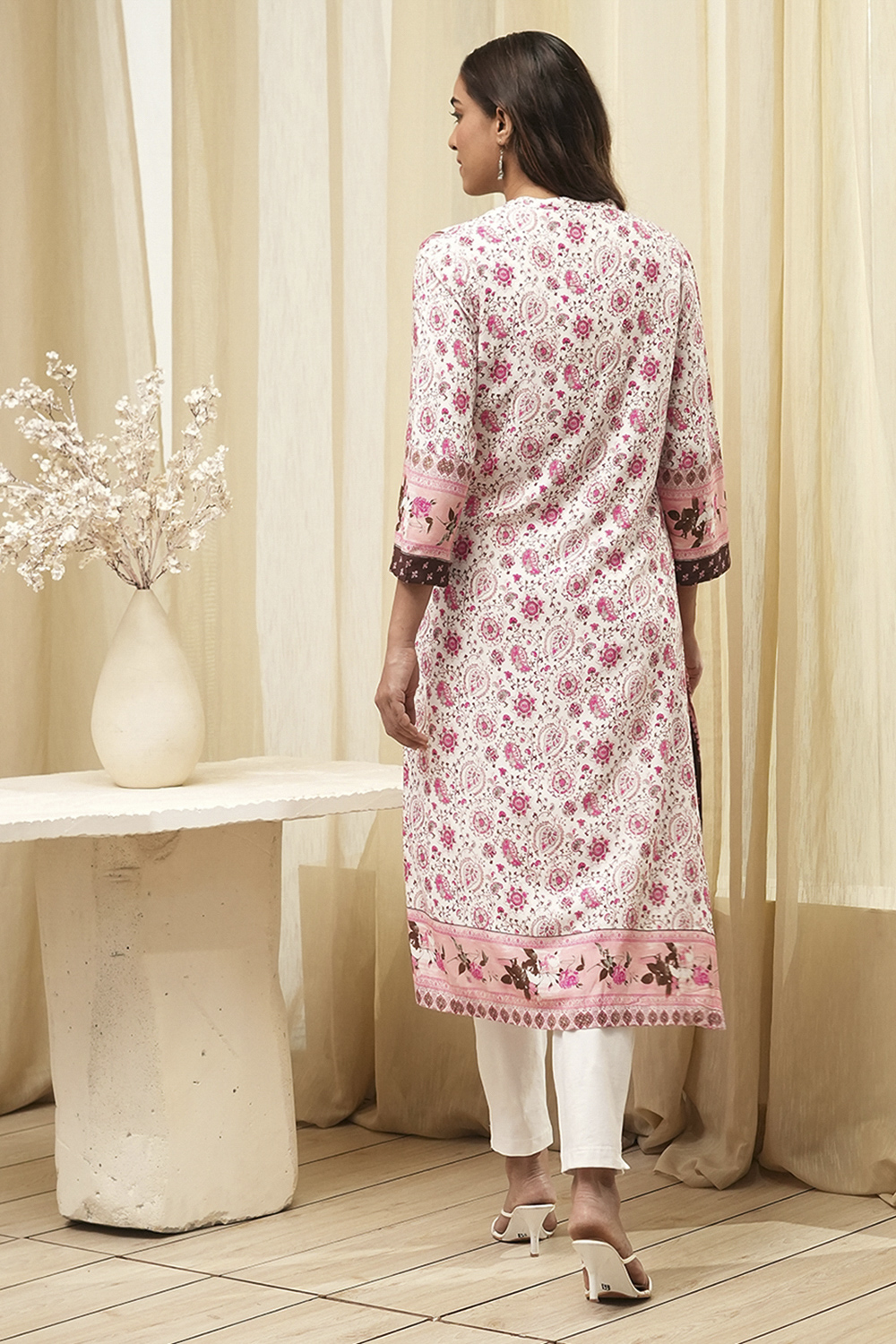 Peach Rayon A-Line Printed Kurta image number 3