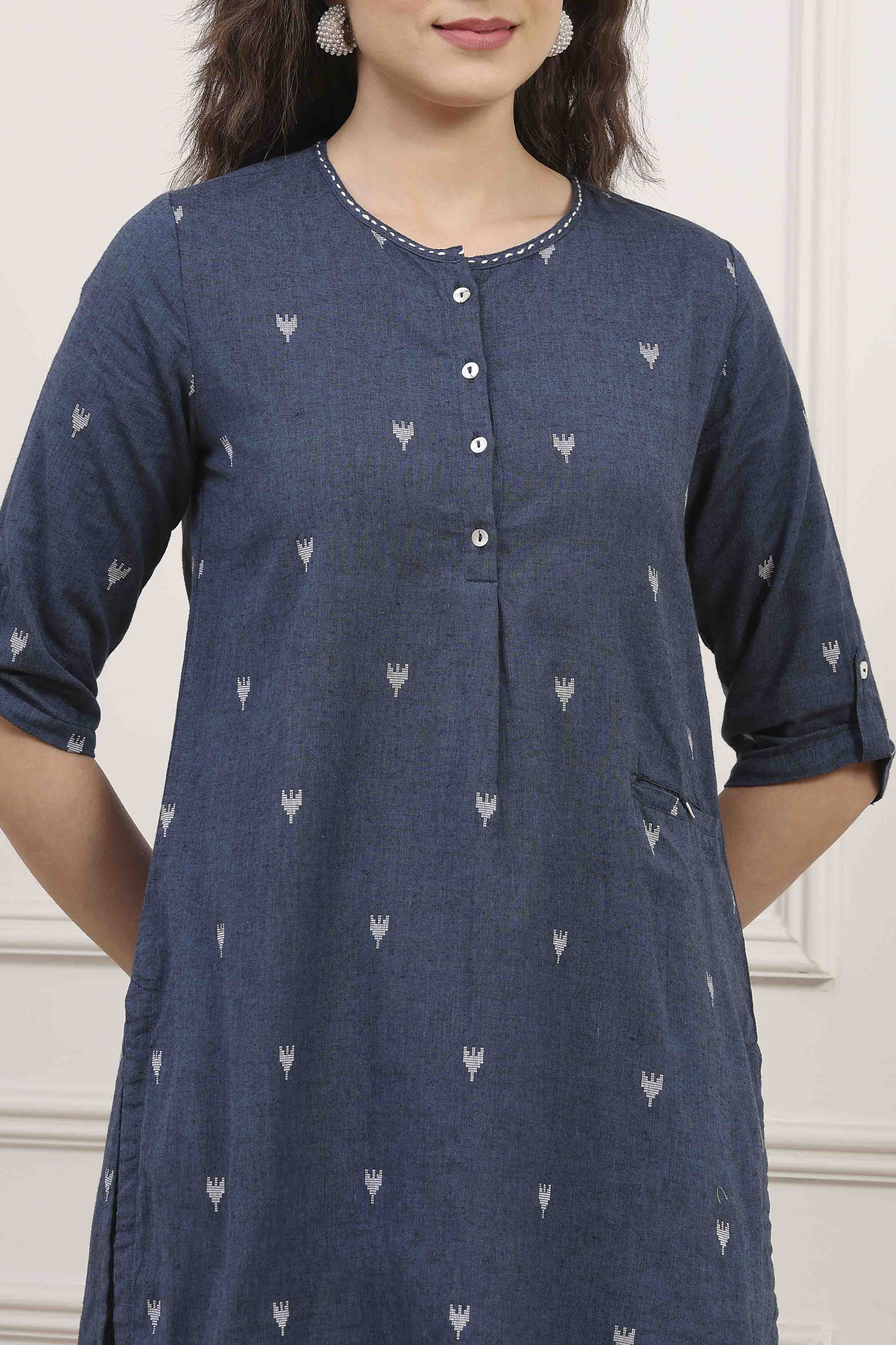 Navy Blue Cotton Yarndyed Straight Suit Set image number 1