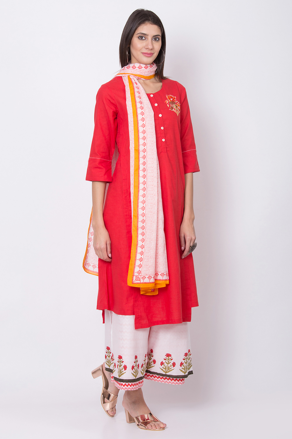 Red Cotton A-Line Kurta Palazzo Suit Set image number 3