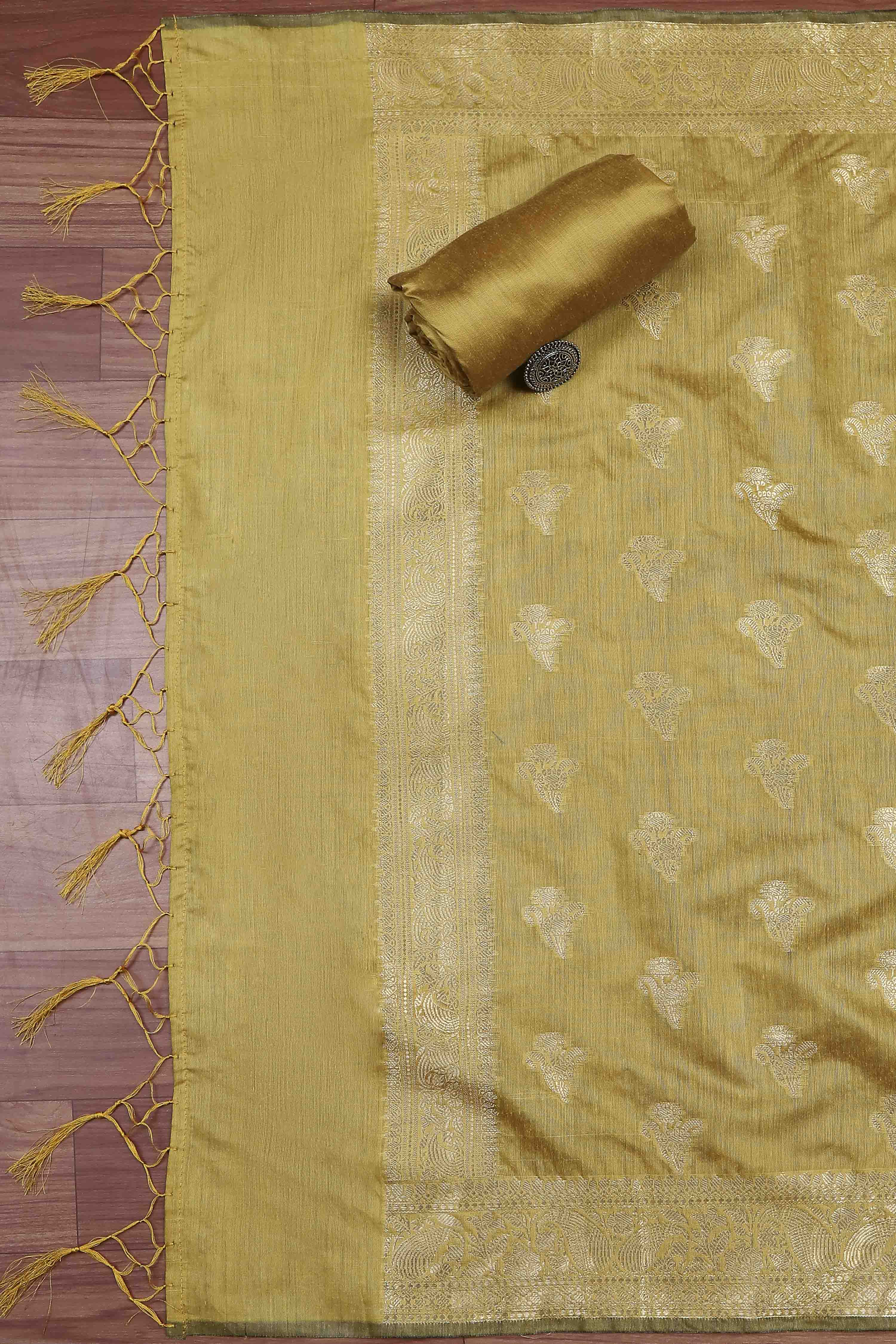 Yellow Banarasi Chanderi Banarasi Print Unstitched Suit Set image number 3