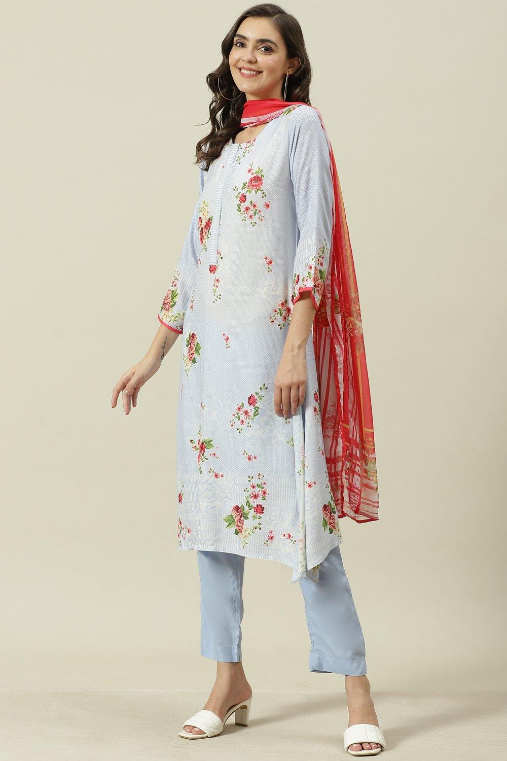 Yellow Printed Viscose A-Line Kurta Slim Pants Suit Set image number 5