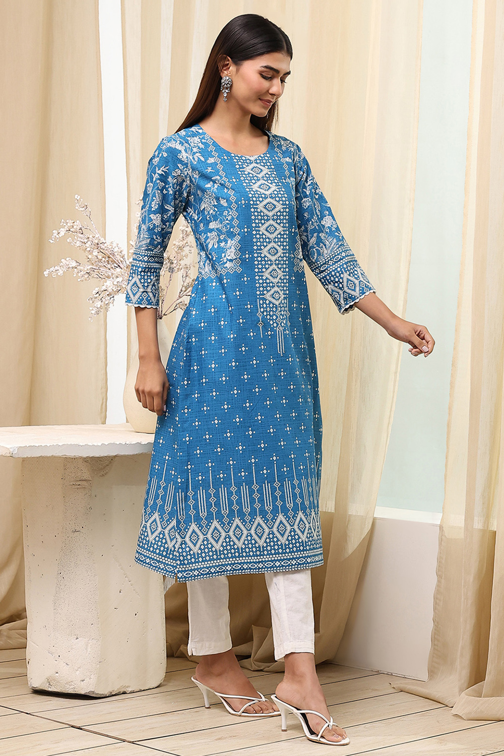 Blue Cotton Straight Kurta image number 4