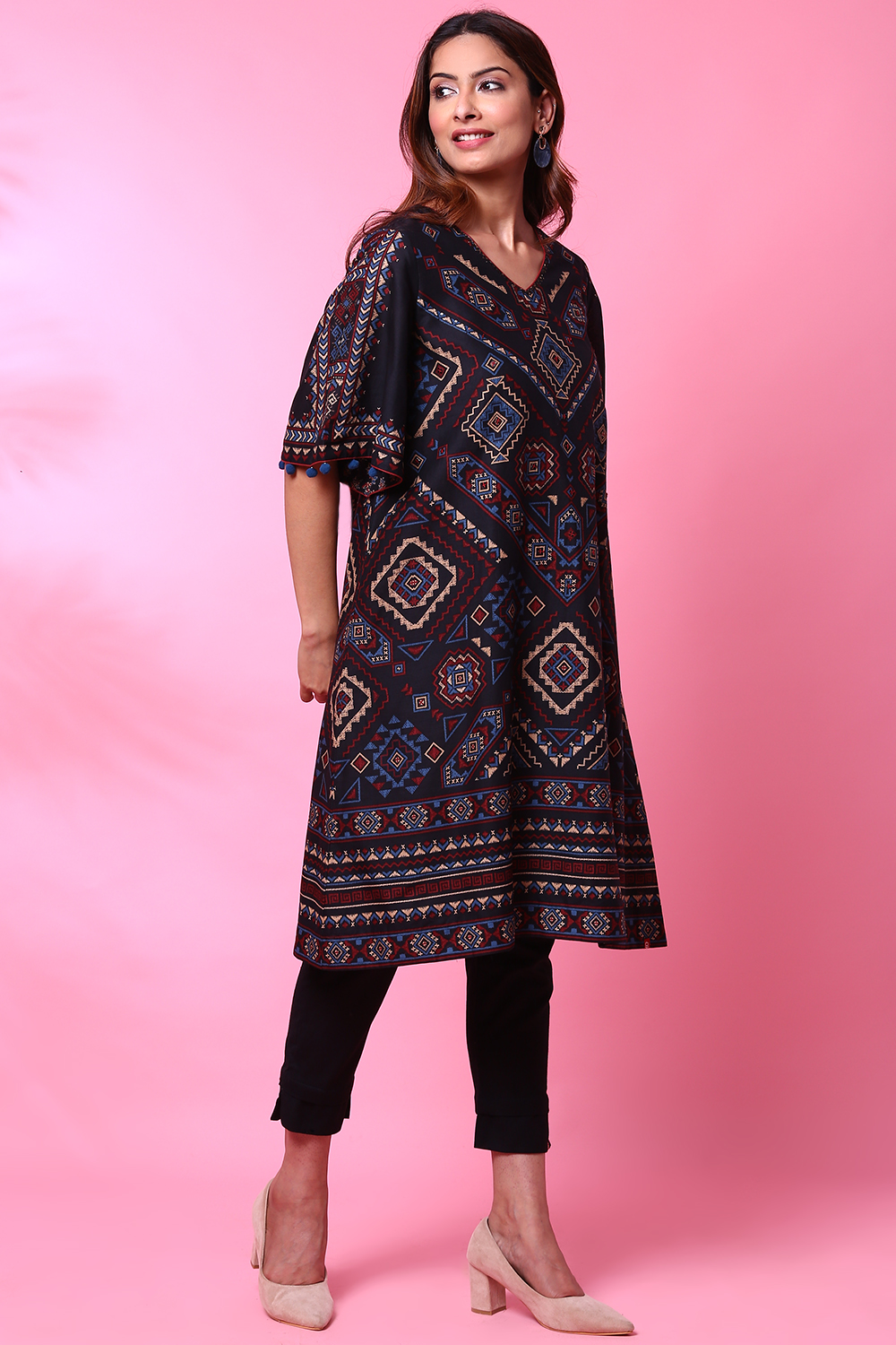 Charcoal Black Cotton A-Line Printed Kurta image number 2