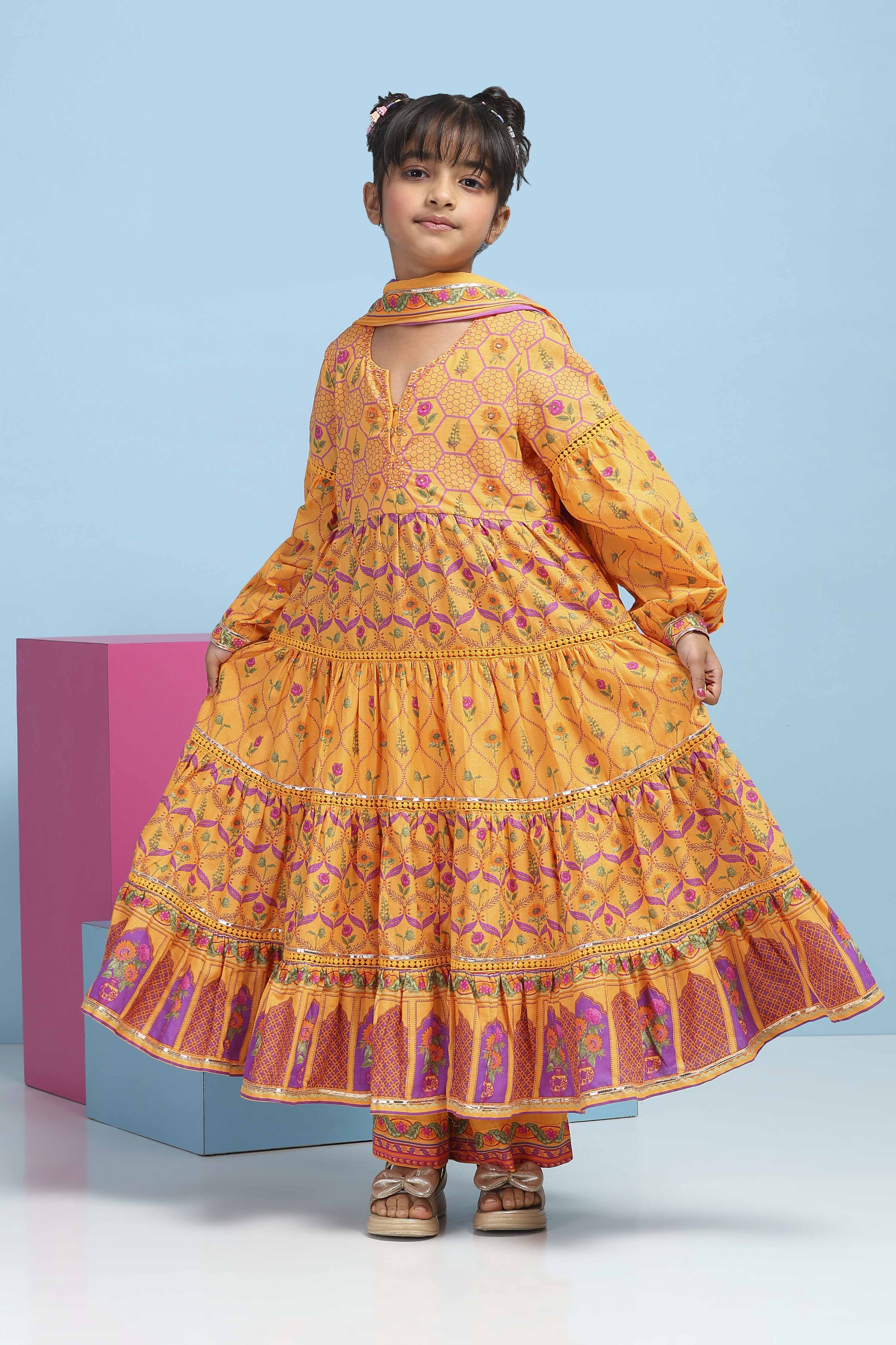 Orange Cotton Printed Tiered Suit Set image number 6