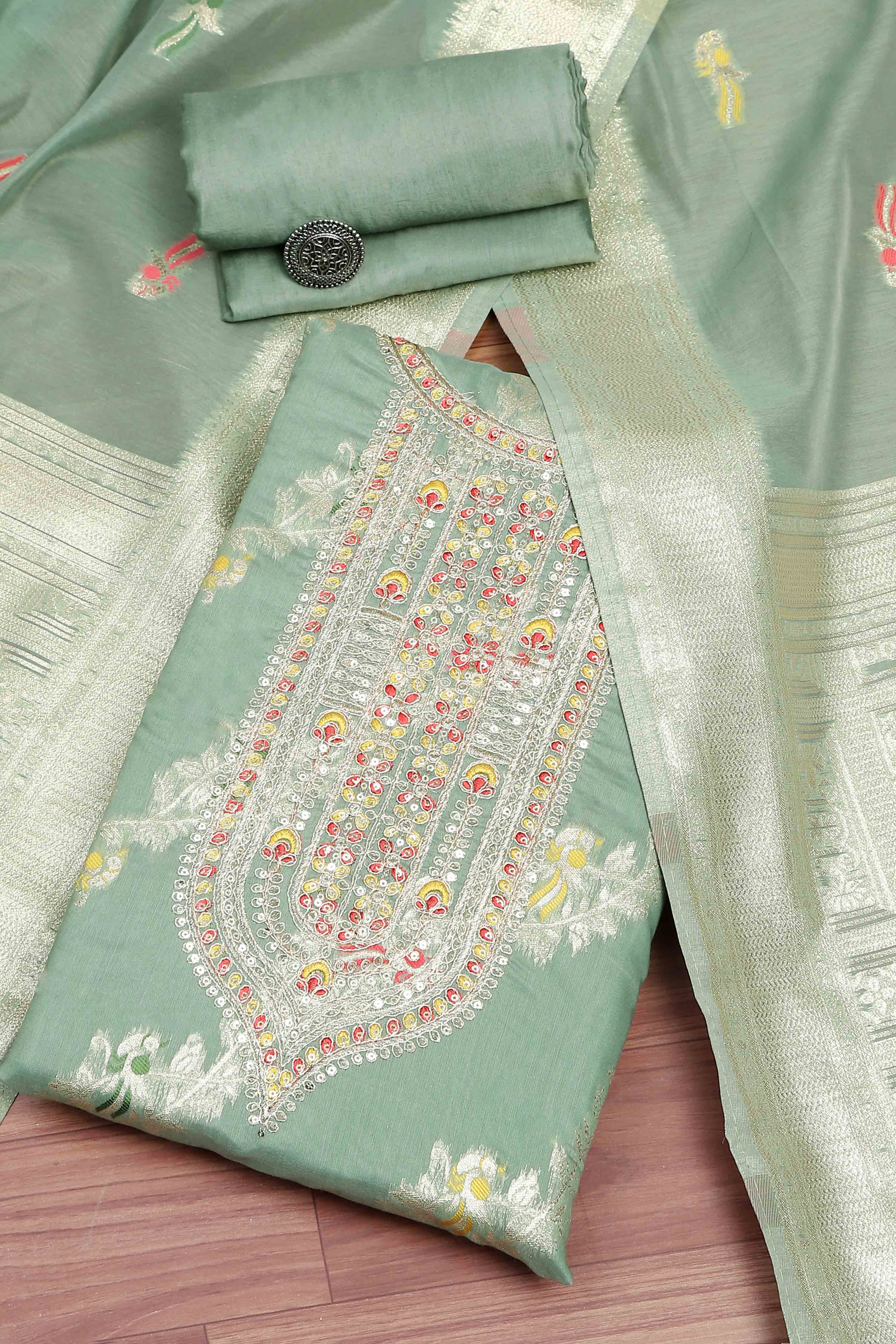 Pink Tissue Chanderi Embroidered Unstitched Suit Set image number 0