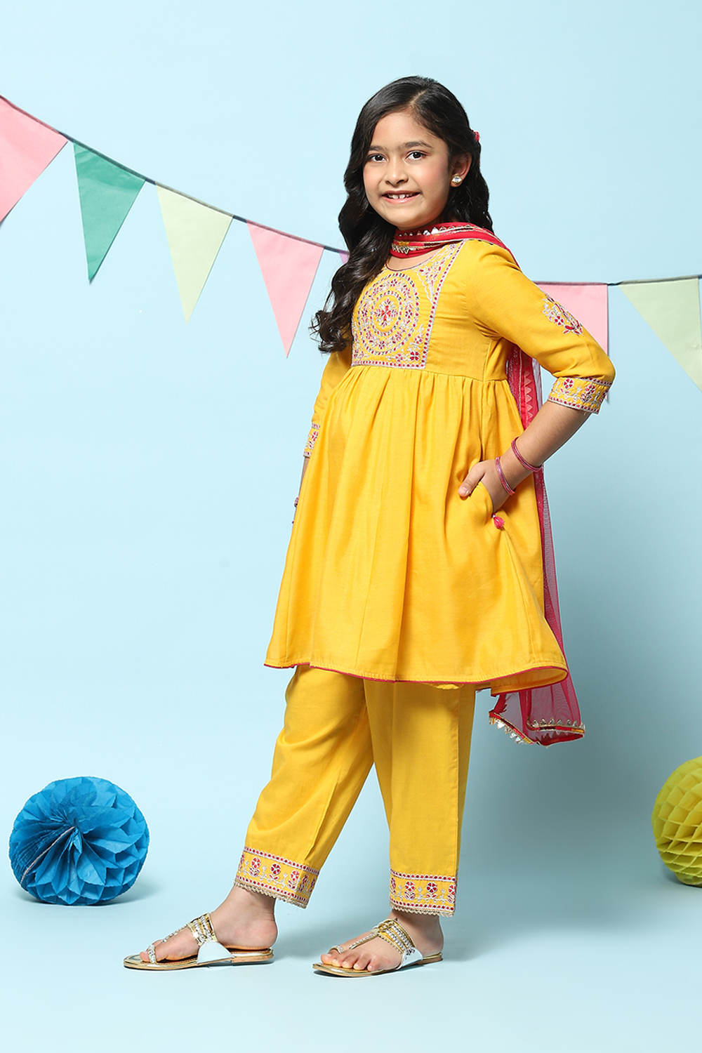 Yellow Polyester Flared Solid Kurta Palazzo Suit Set image number 5
