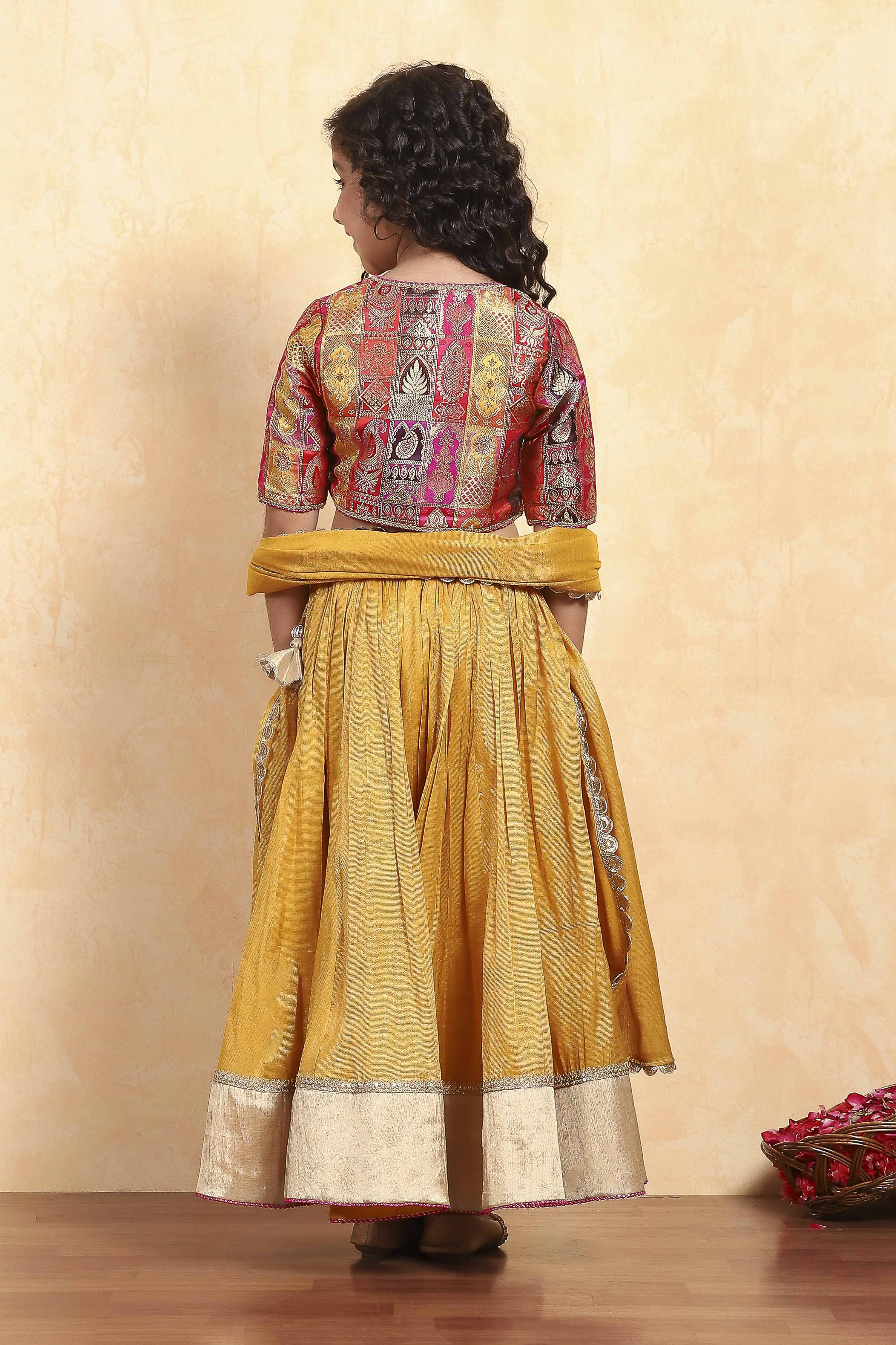 Mustard Yellow Polyester Gathered Lehenga Set image number 4