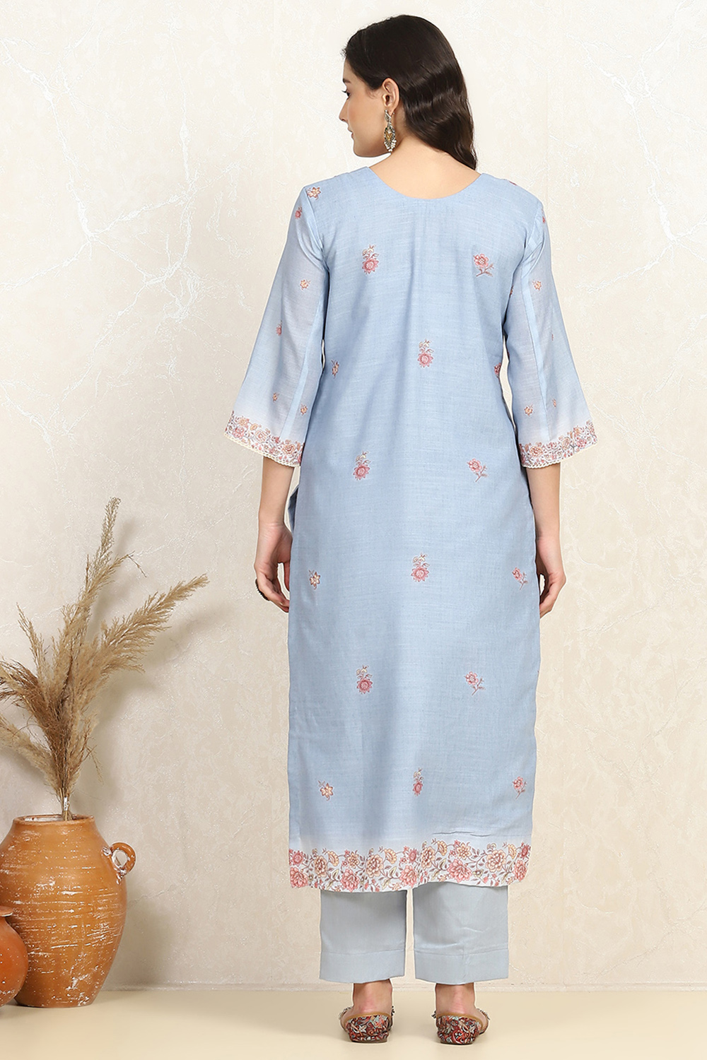 Sky Blue Linen Blend Unstitched Suit Set image number 5