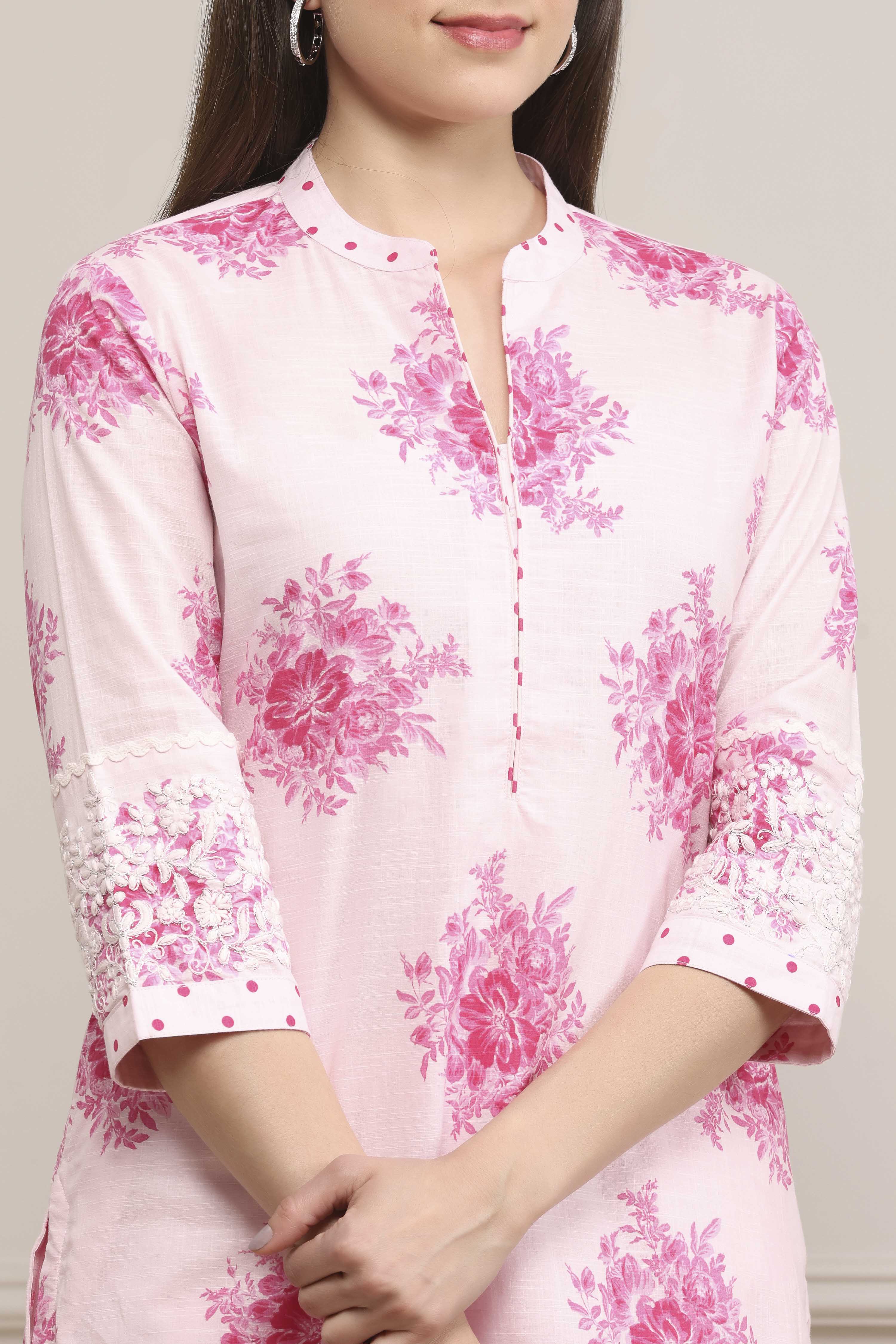 Pink Cotton Printed Straight Salwar Suit Set image number 1