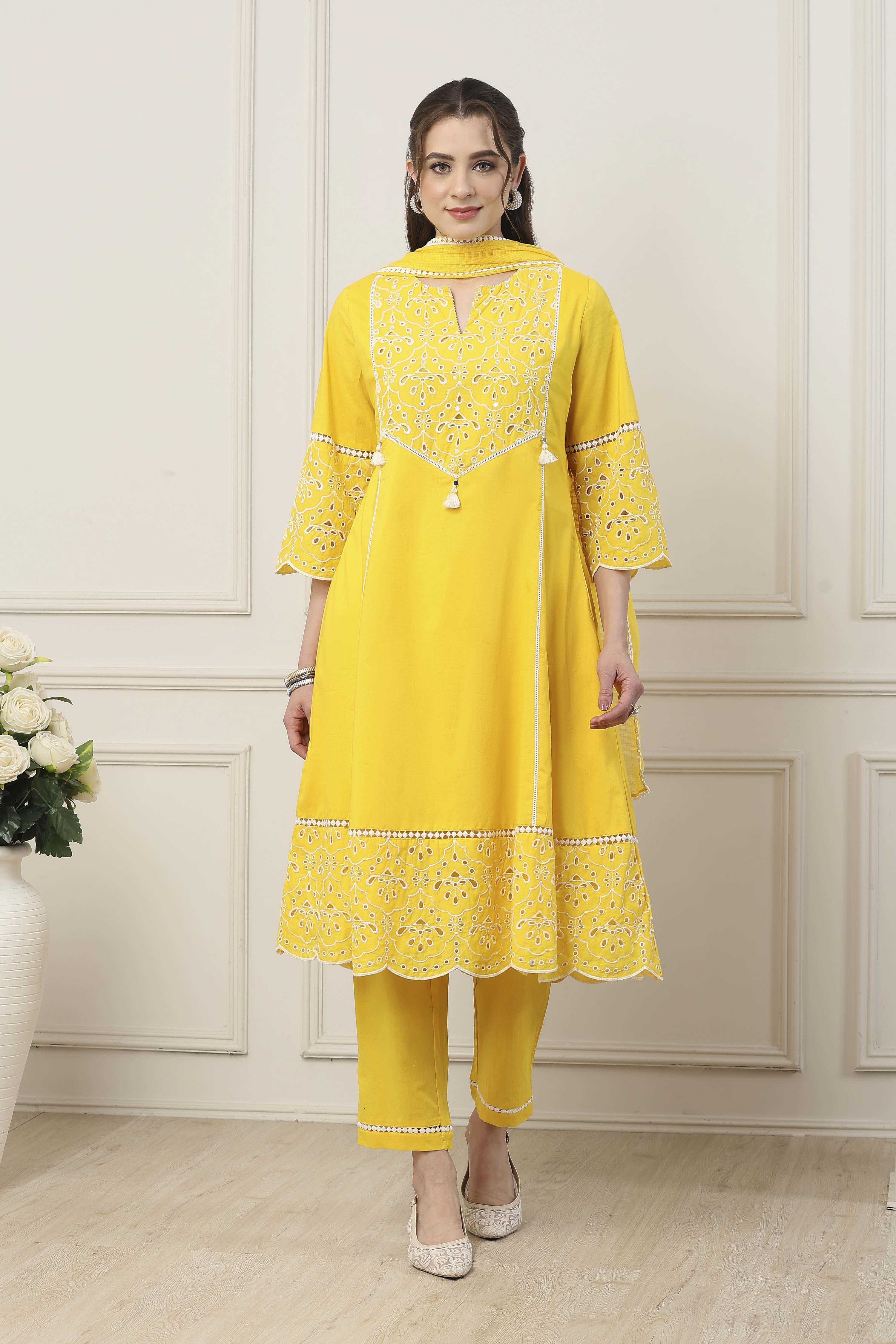 Yellow Cotton Schiffli Embroidered Kalidar Suit Set image number 0