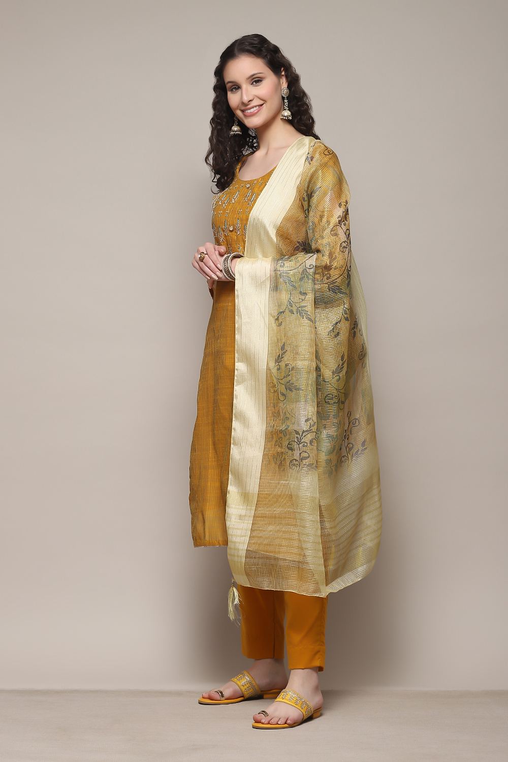 Mustard Chanderi Printed Unstitched Suit Set image number 6