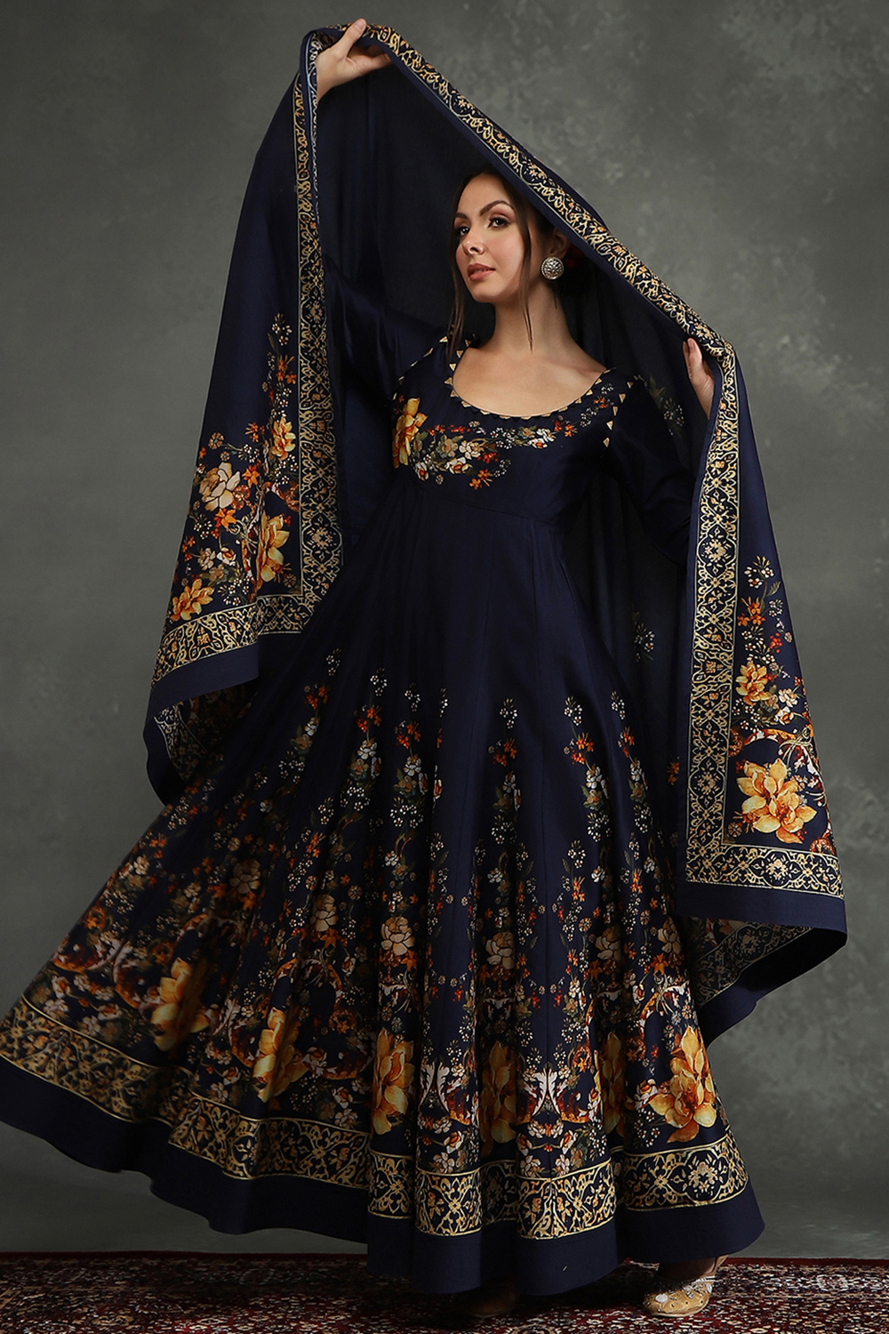Rohit Bal Indigo Silk Chanderi Floral Anarkali Suit Set image number 0