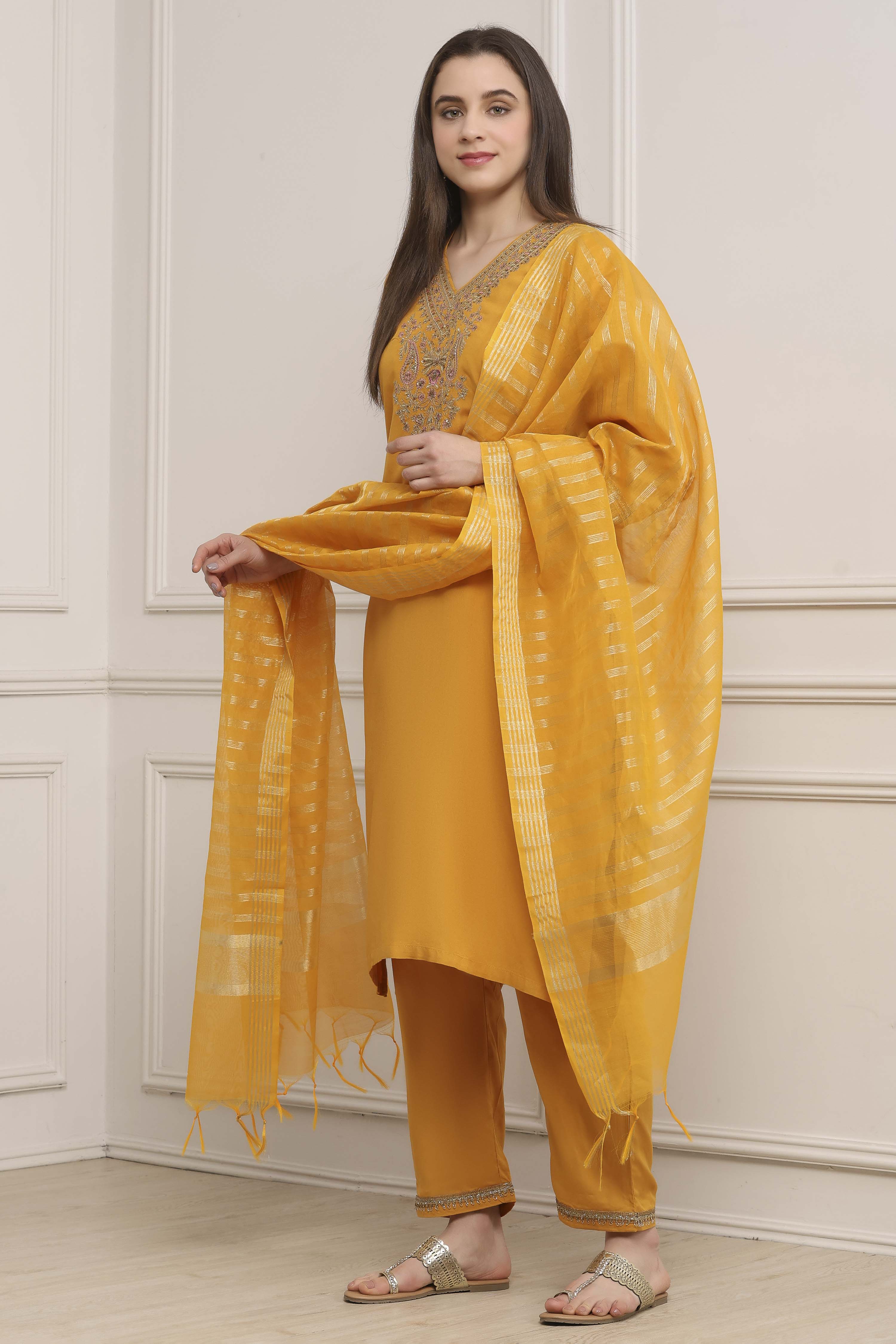 Yellow Viscose Rayon Straight Suit Set image number 3