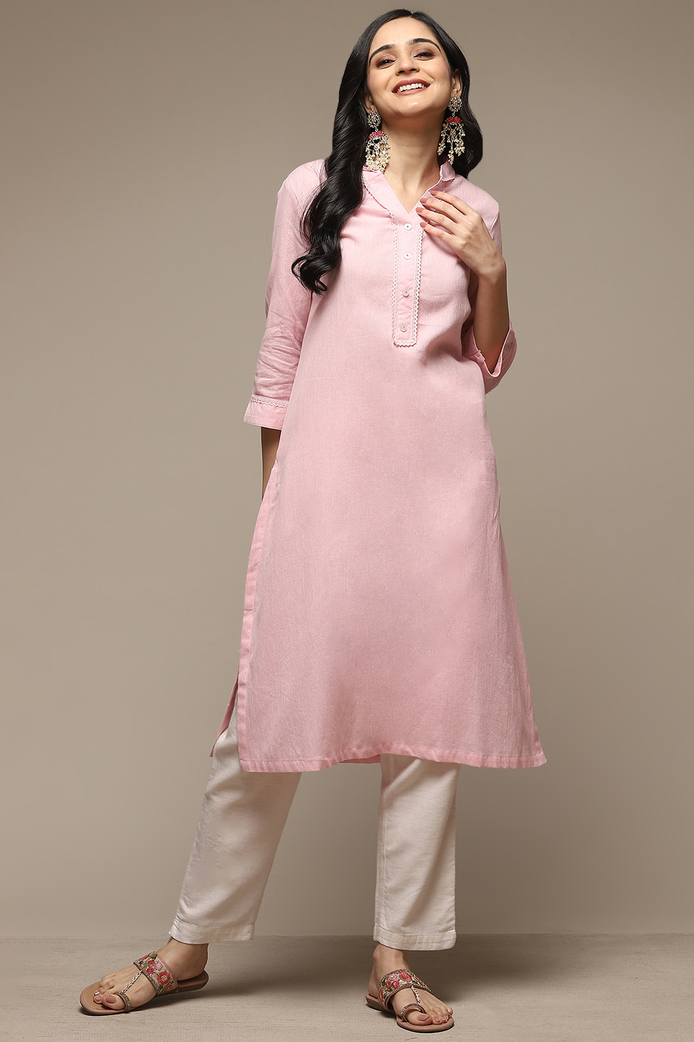 Pink Cotton Blend Straight Yarndyed Kurta image number 5