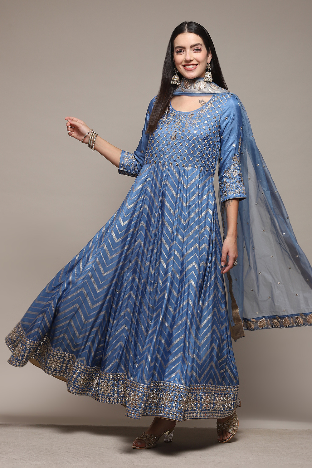 Powder Blue Jersey Anarkali Kurta Churidar Suit Set image number 4