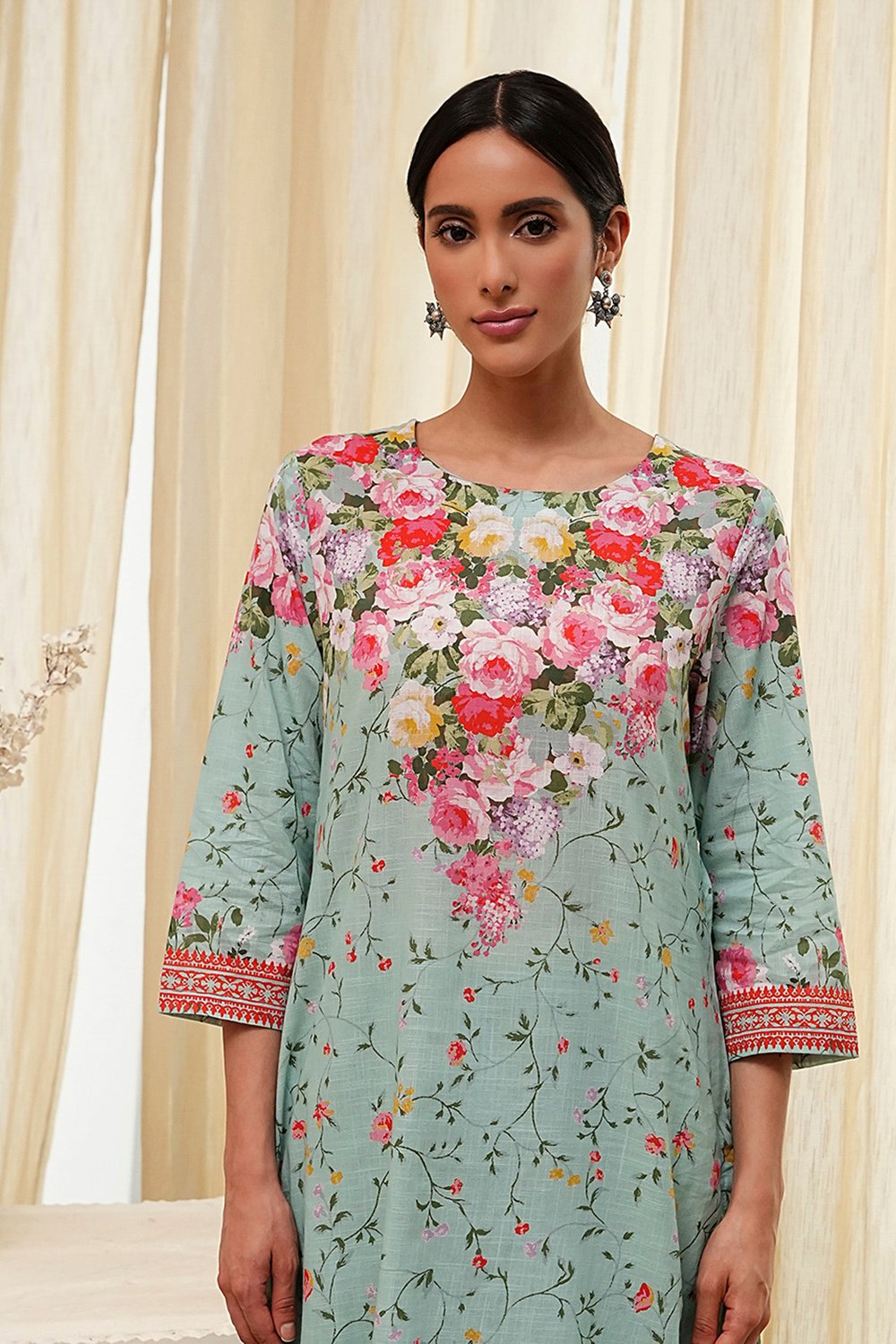 Turquoise Cotton Floral Printed Straight Suit Set image number 1