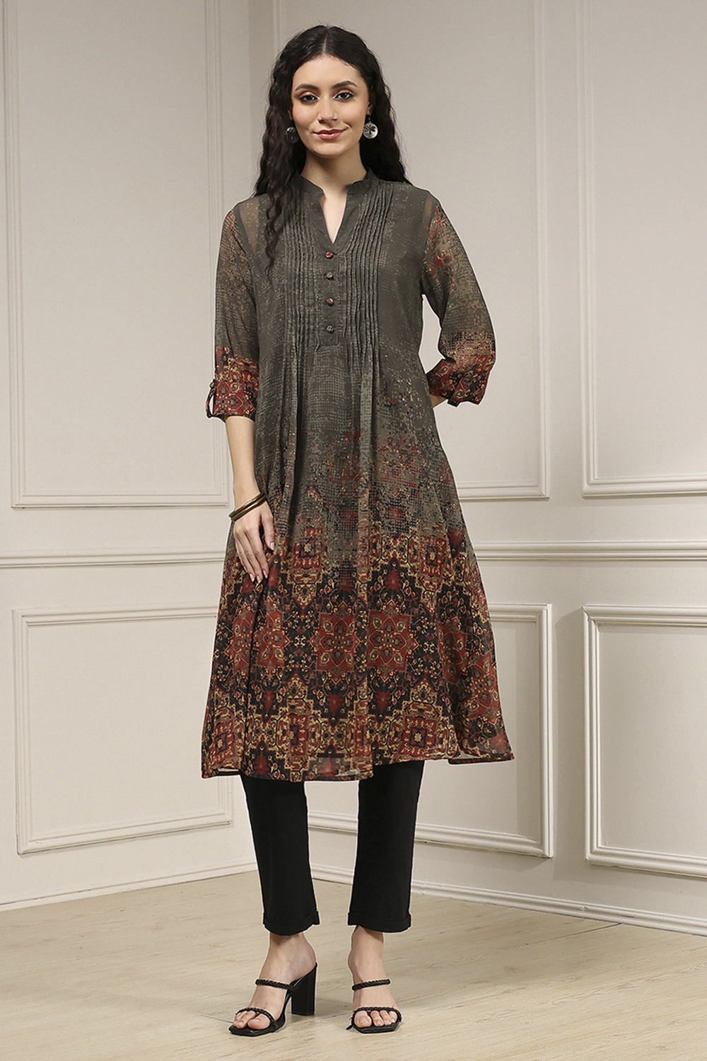 Charcoal and Rust Printed Pleated A-Line Kurta image number 6
