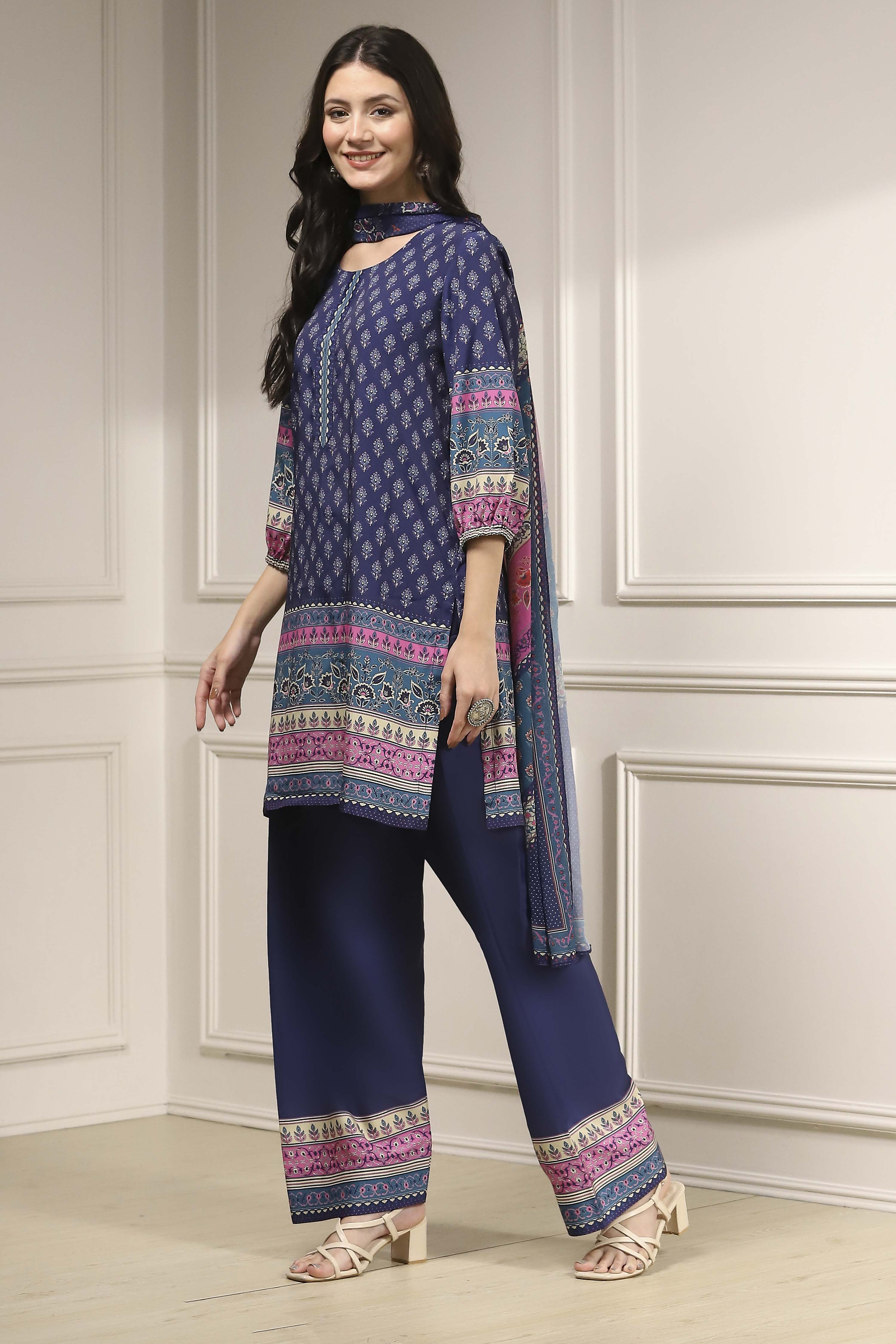 Blue Printed Straight Suit Set image number 3