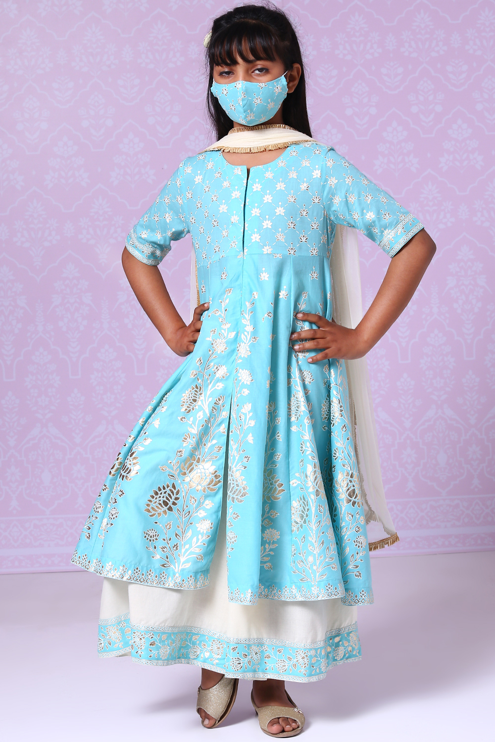 Light Blue Cotton Kalidar Kurta Flared Palazzo Suit Set image number 4