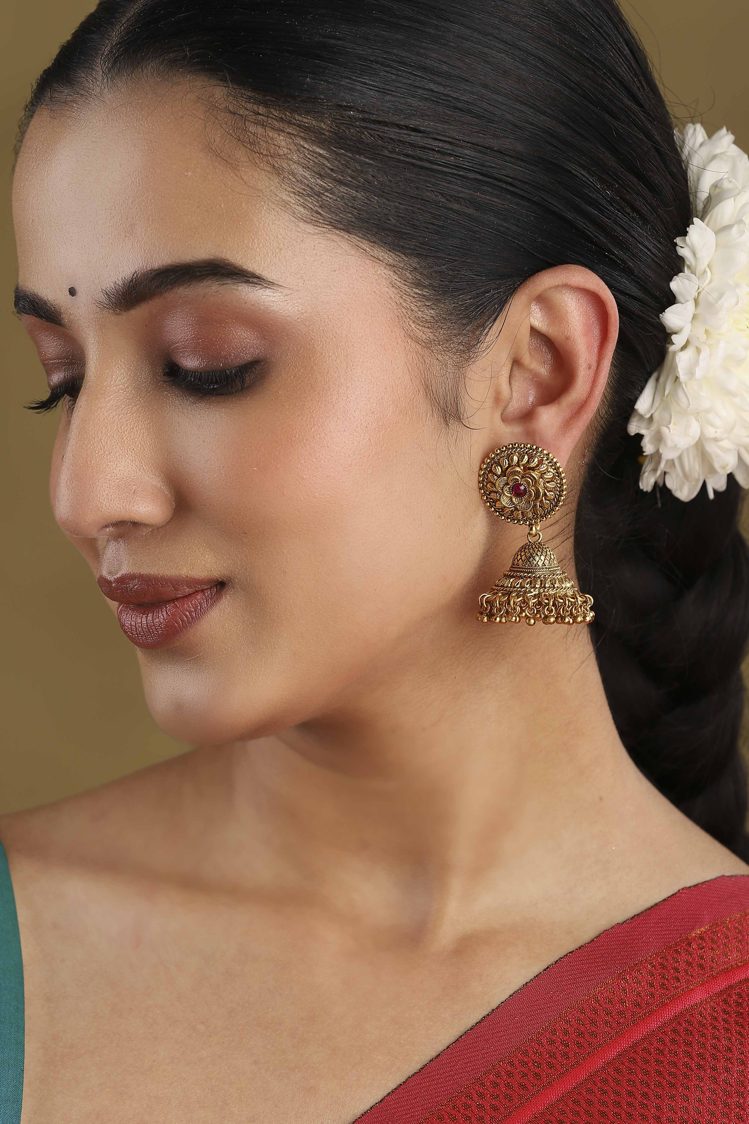 Red Gold Plated Minimal Stone Studded Jhumkas image number 1