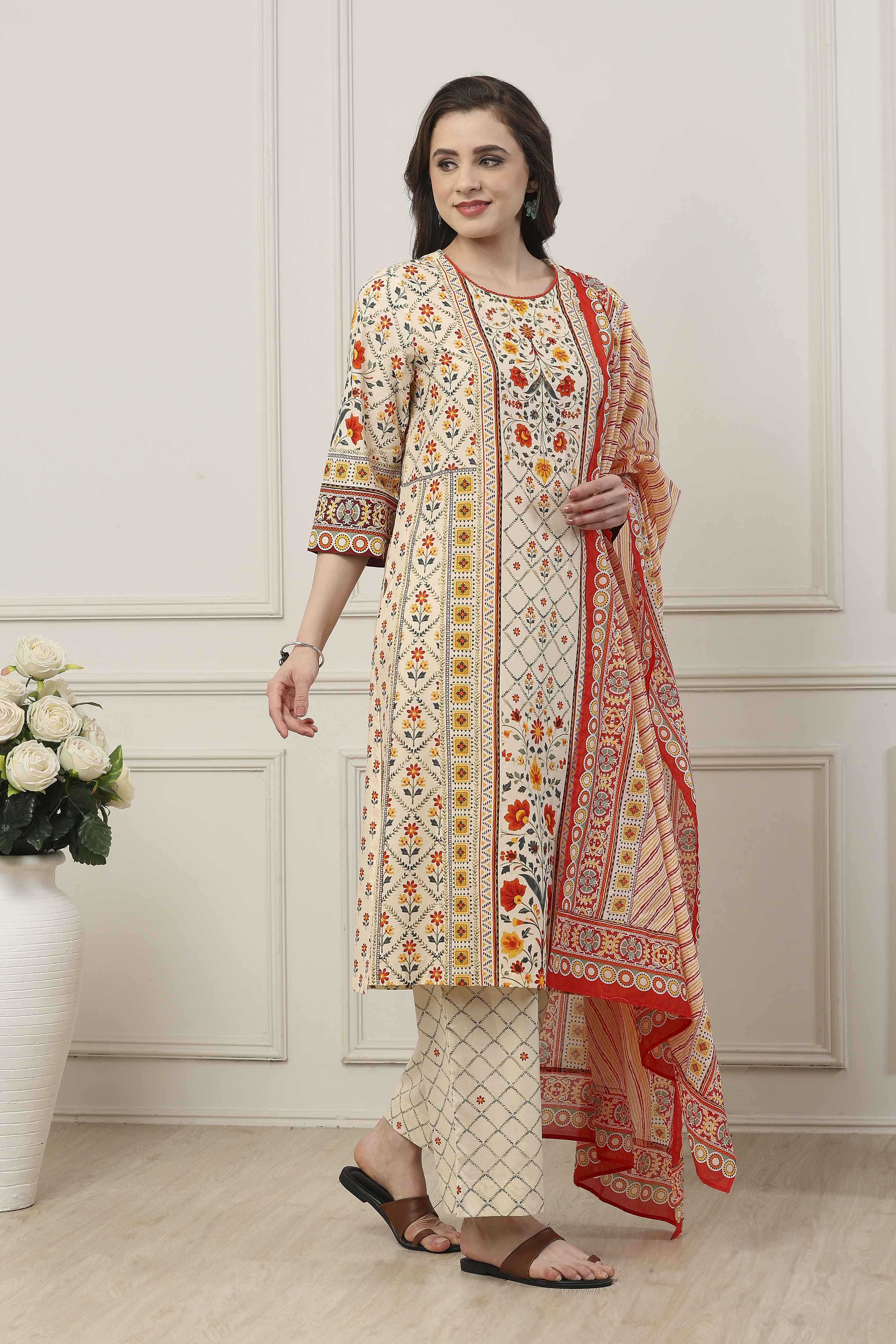 Beige Cotton All-Over Floral Straight Suit Set image number 5