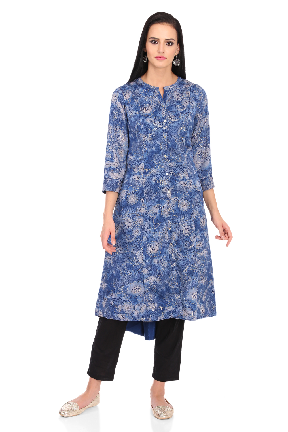 Blue A-Line Art Silk Printed Kurta image number 0