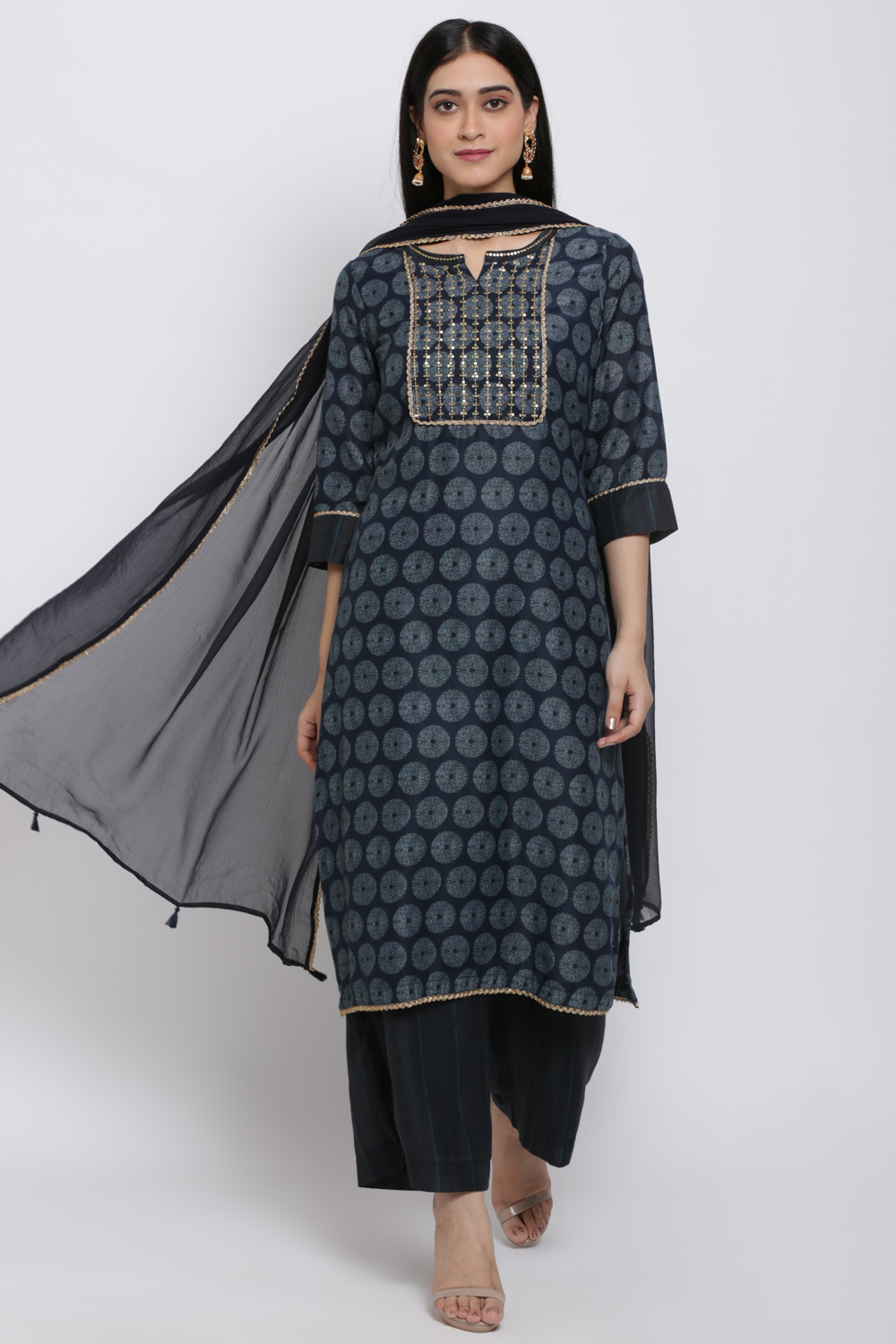 Navy Blue Art Silk Straight Kurta Palazzo Suit Set image number 4