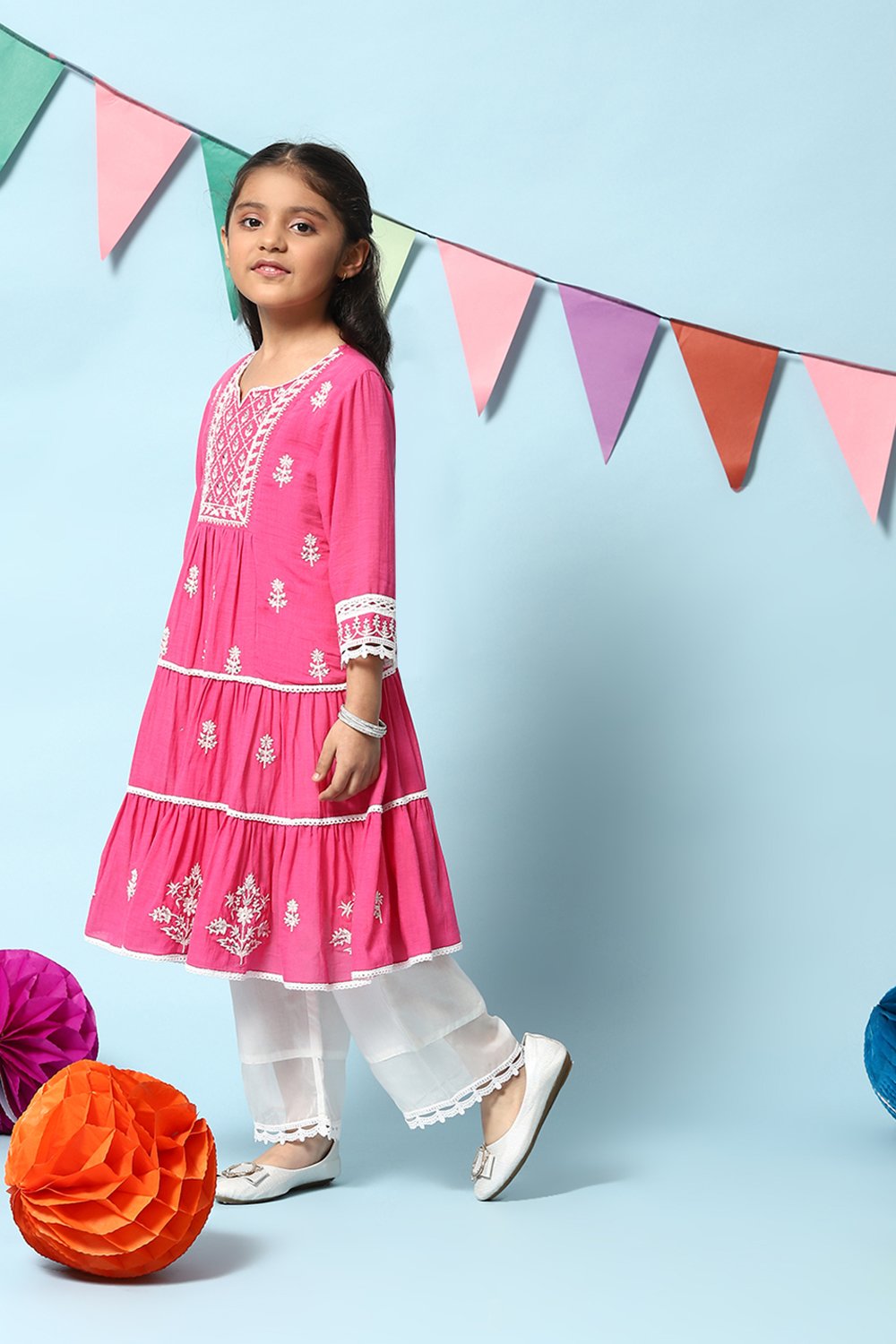 Fuschia Cotton Tiered Kurta Straight Palazzo 2 Piece Set image number 3