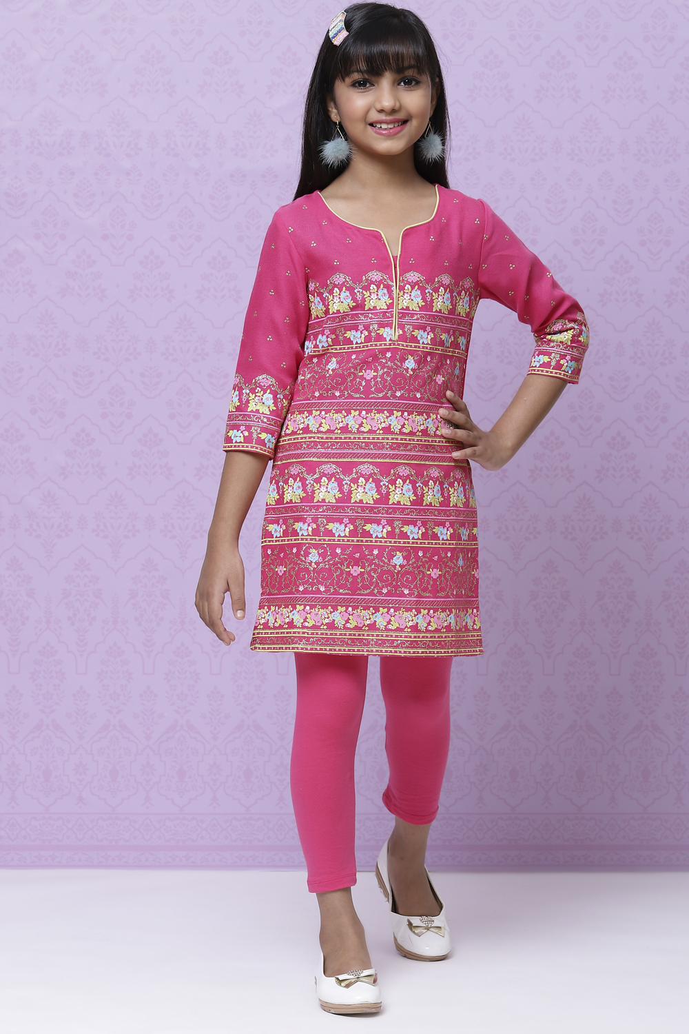 Pink Art Silk Printed Tunic And Leggings Set image number 3