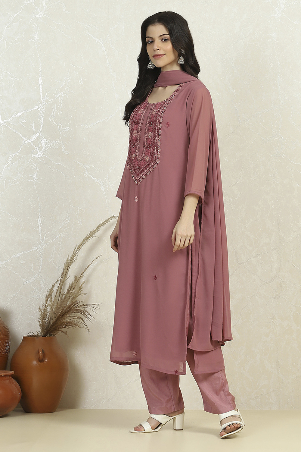Pink Georgette Hand Embroidered Unstitched Suit Set image number 4