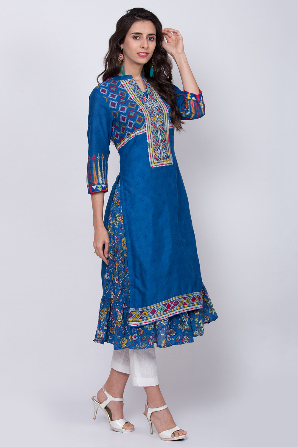 Ink Blue Cotton A-Line Printed Kurta image number 3