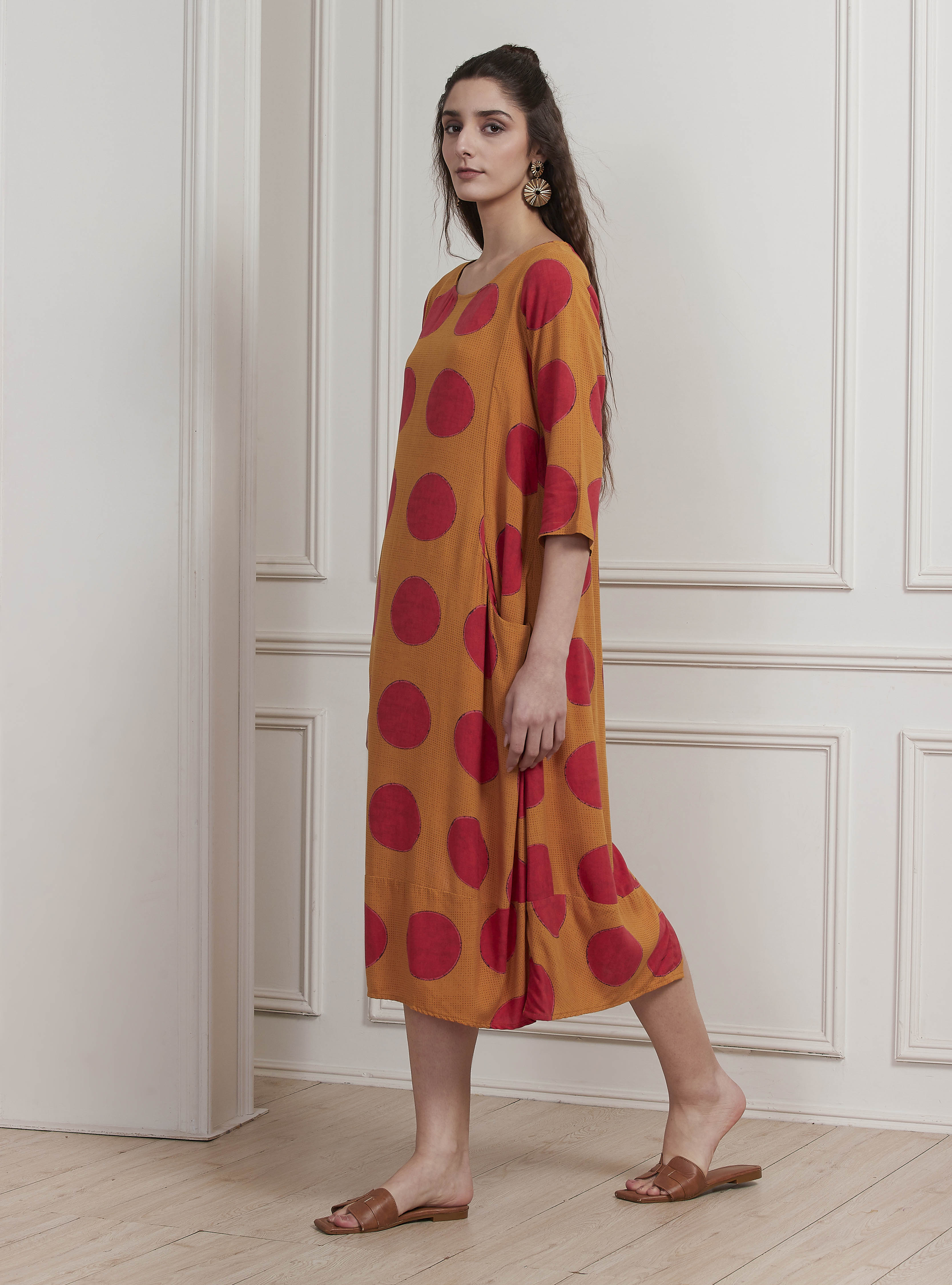 Mustard Yellow Printed A-Line Dress image number 2