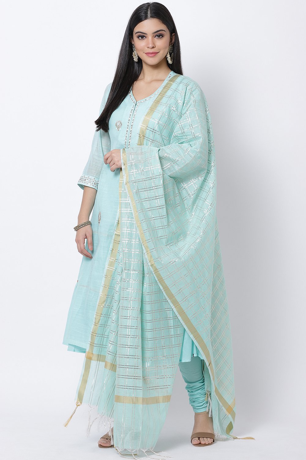 Sky Blue Poly Cotton Flared Kurta Churidar Suit Set image number 0