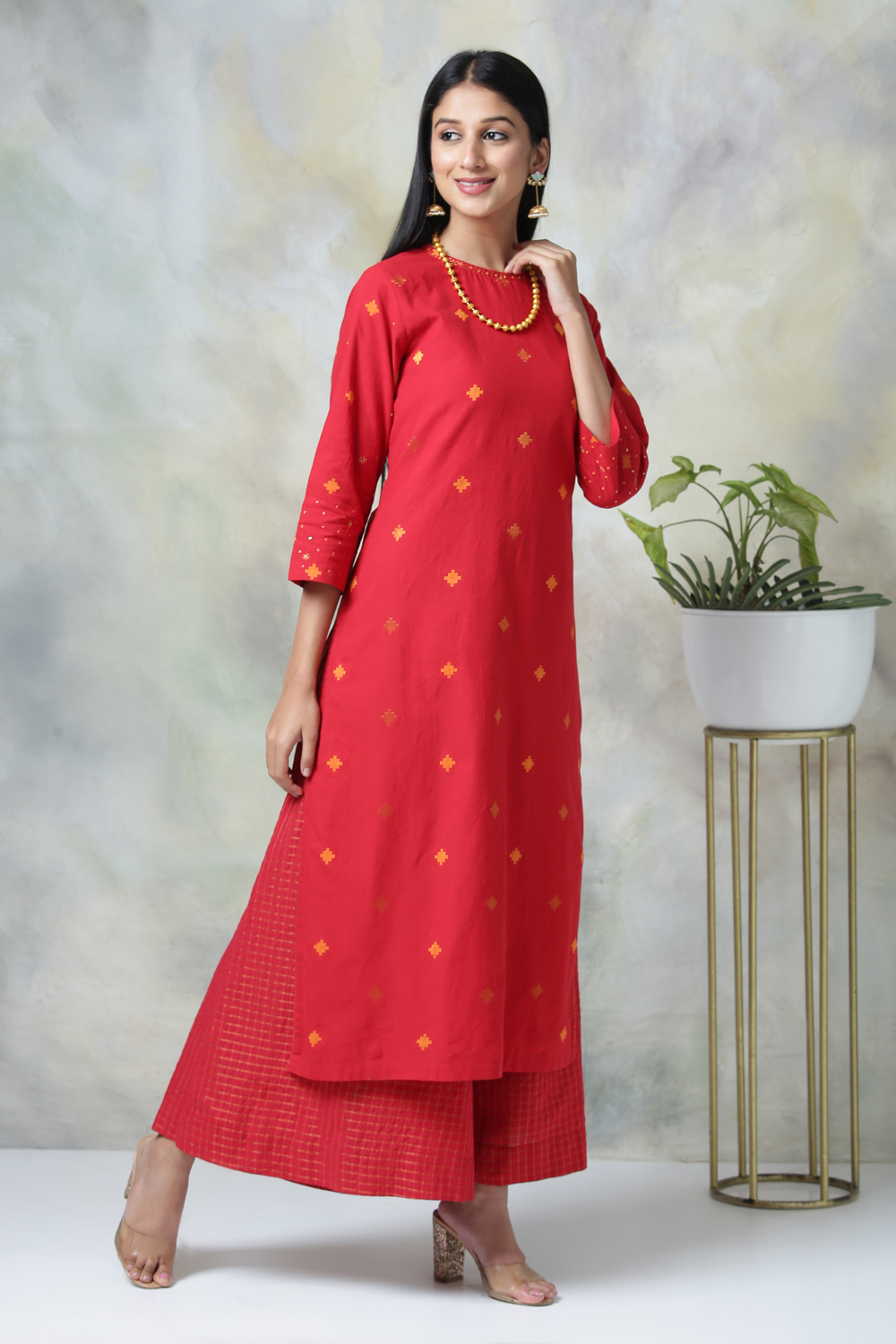 Red Cotton Straight Kurta Palazzo Suit Set image number 2