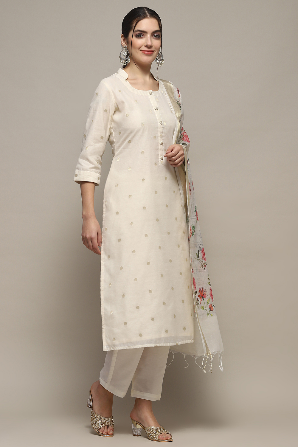 Off White Chanderi Unstitched Suit set image number 7