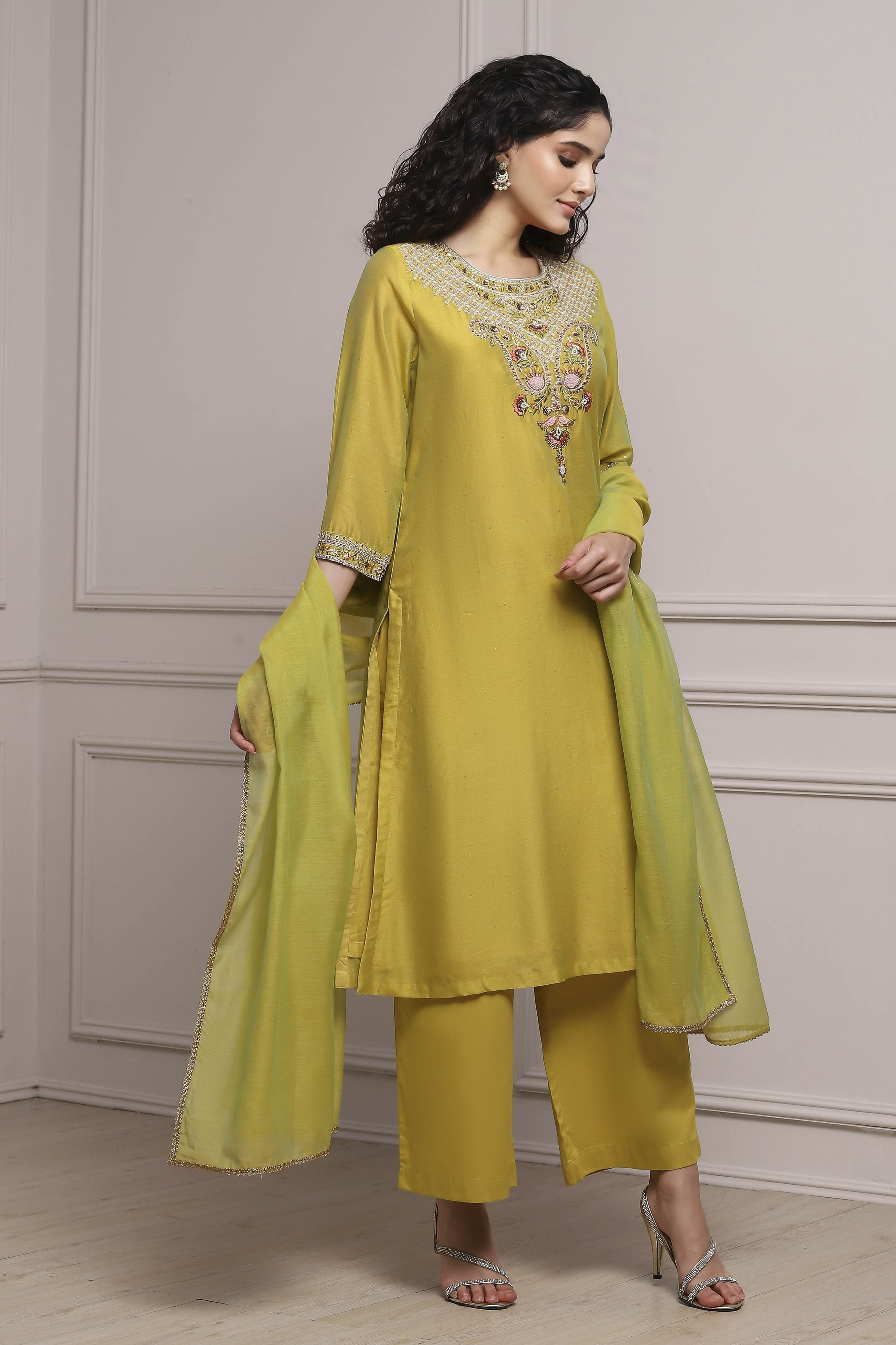 Lime Green Chanderi Straight Dyed Suit Set image number 7