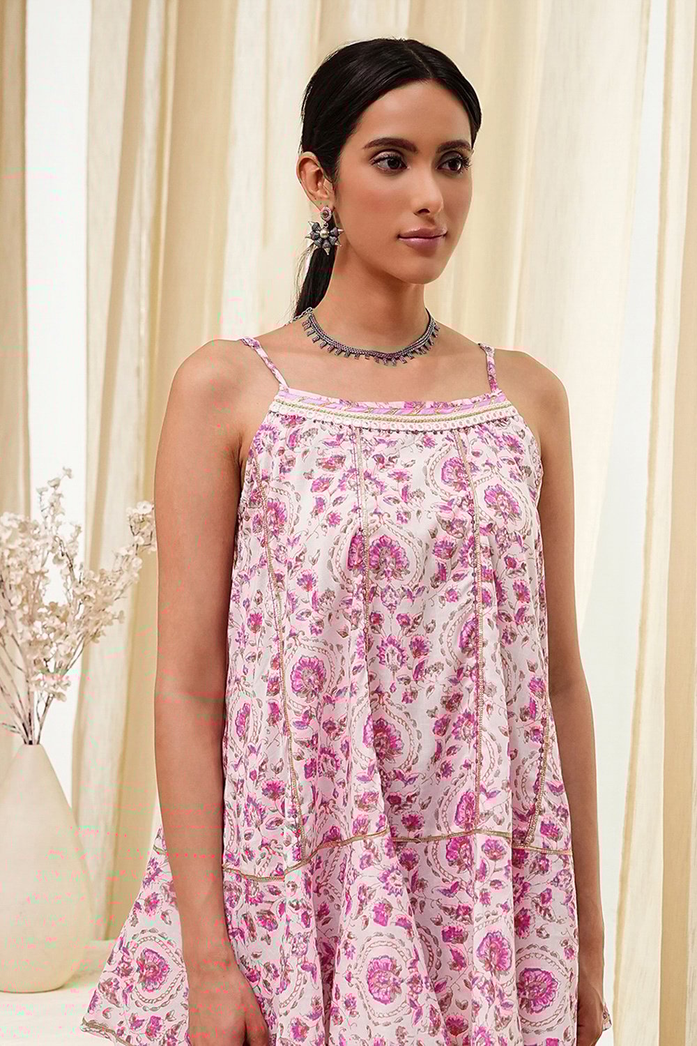 White and Blue Cotton Floral Flared Suit Set image number 1