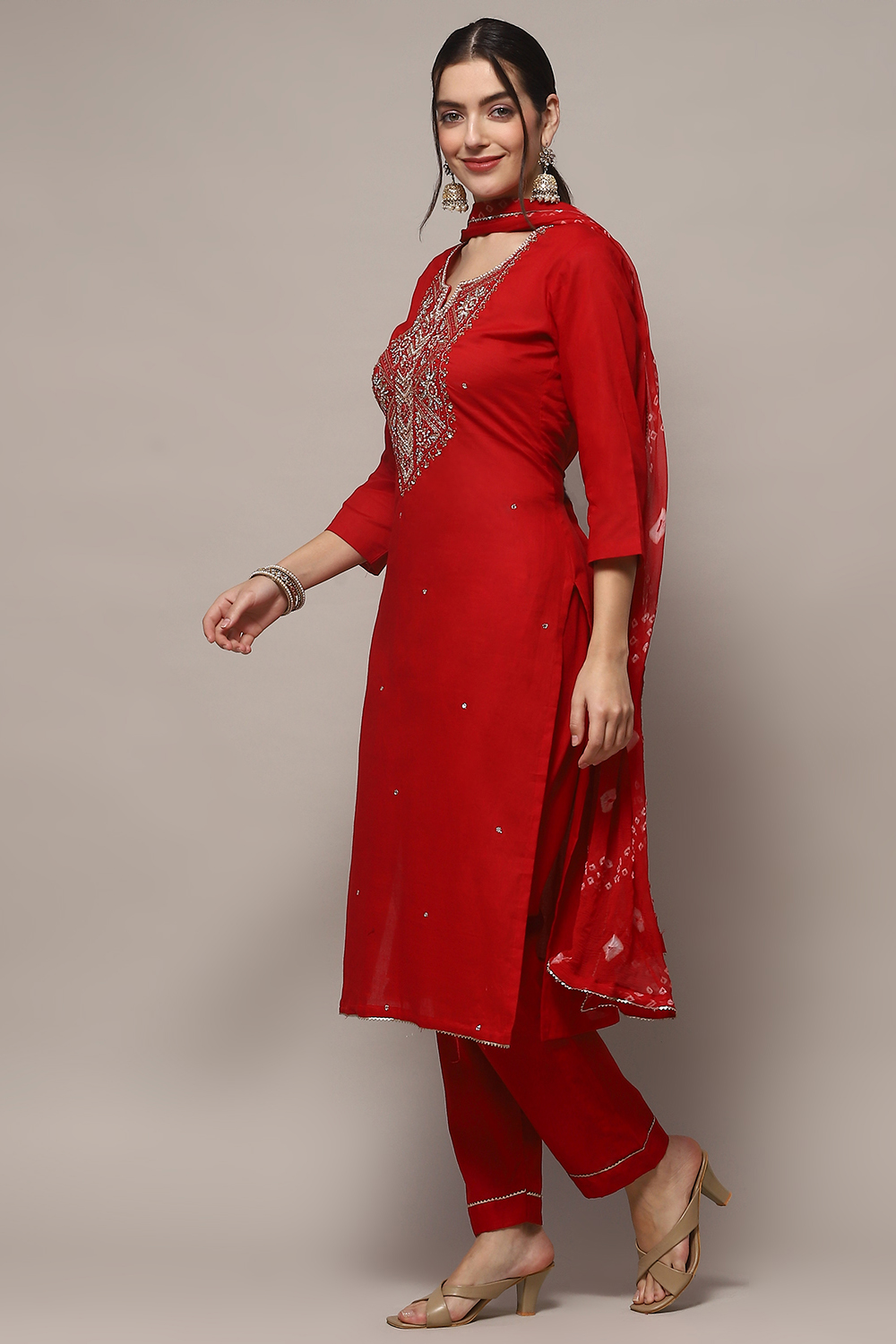 Red Cotton Unstitched Suit set image number 5