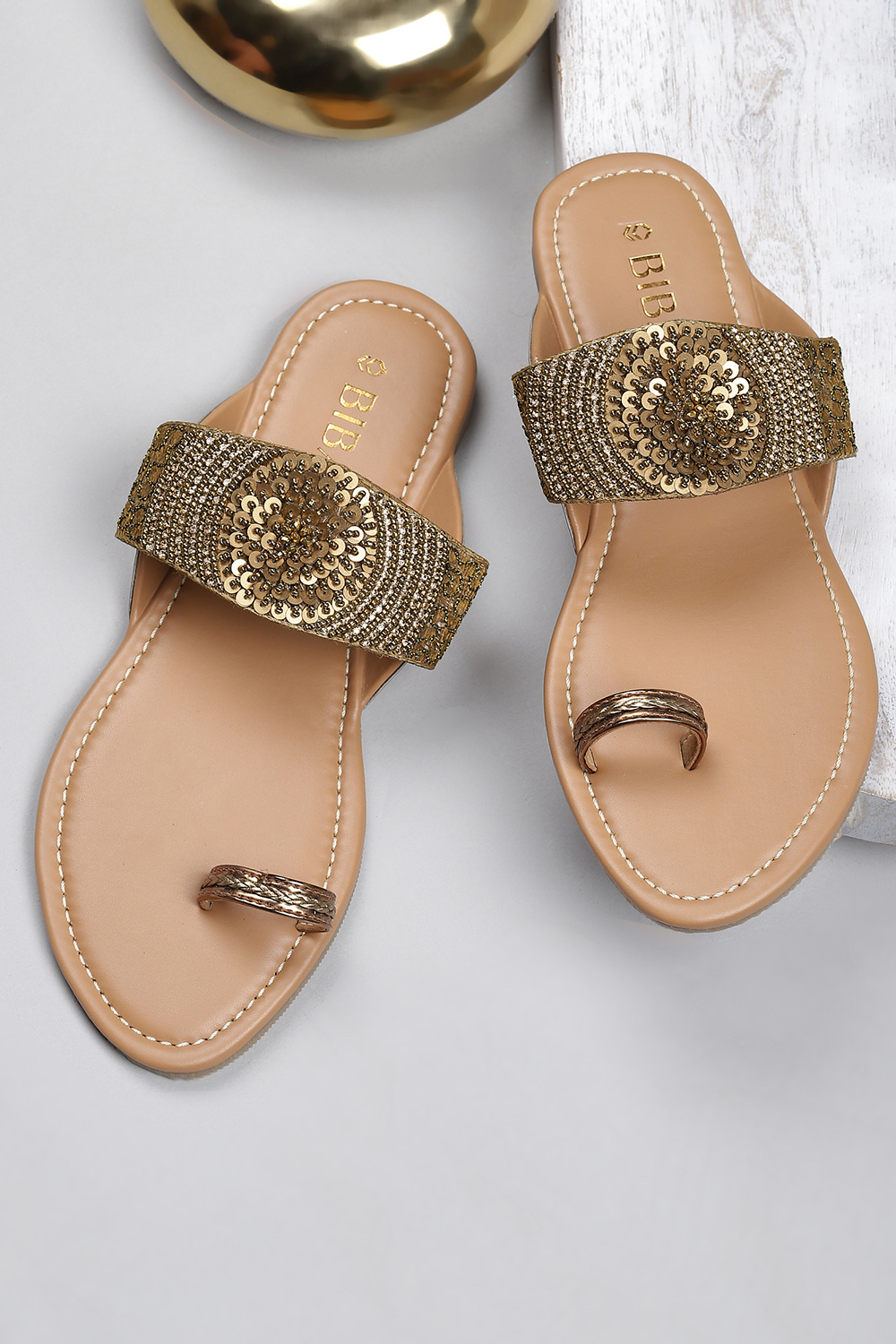 Bronze Sequin Embellished Sandals image number 6