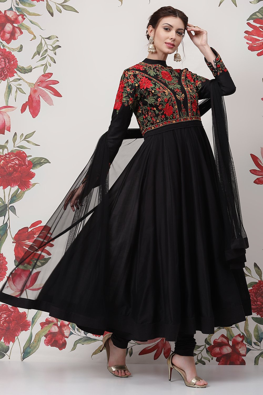 Rohit Bal Black Cotton Silk Anarkali Yarndyed Suit Set image number 0