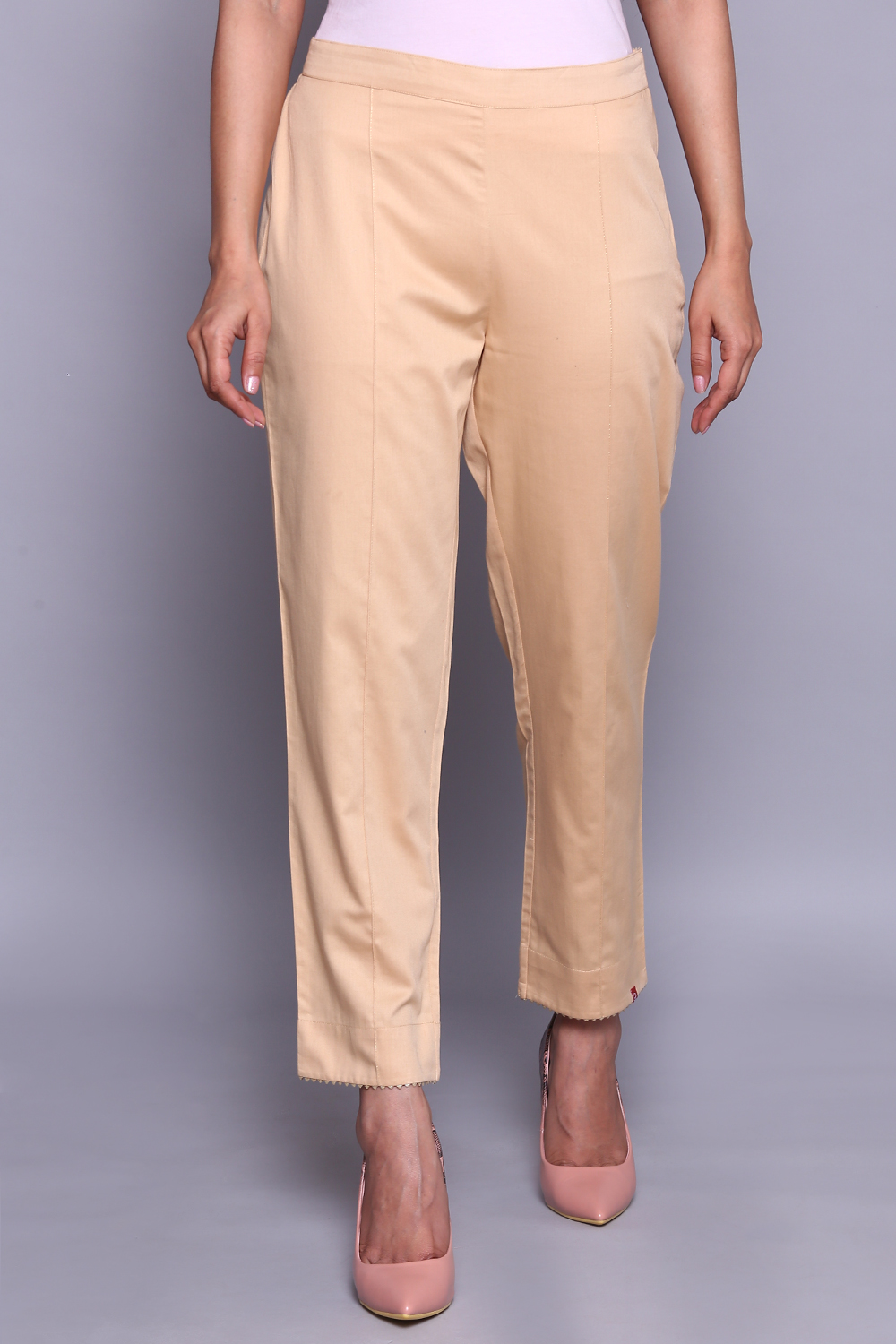 Beige Cotton Slim Pants image number 0