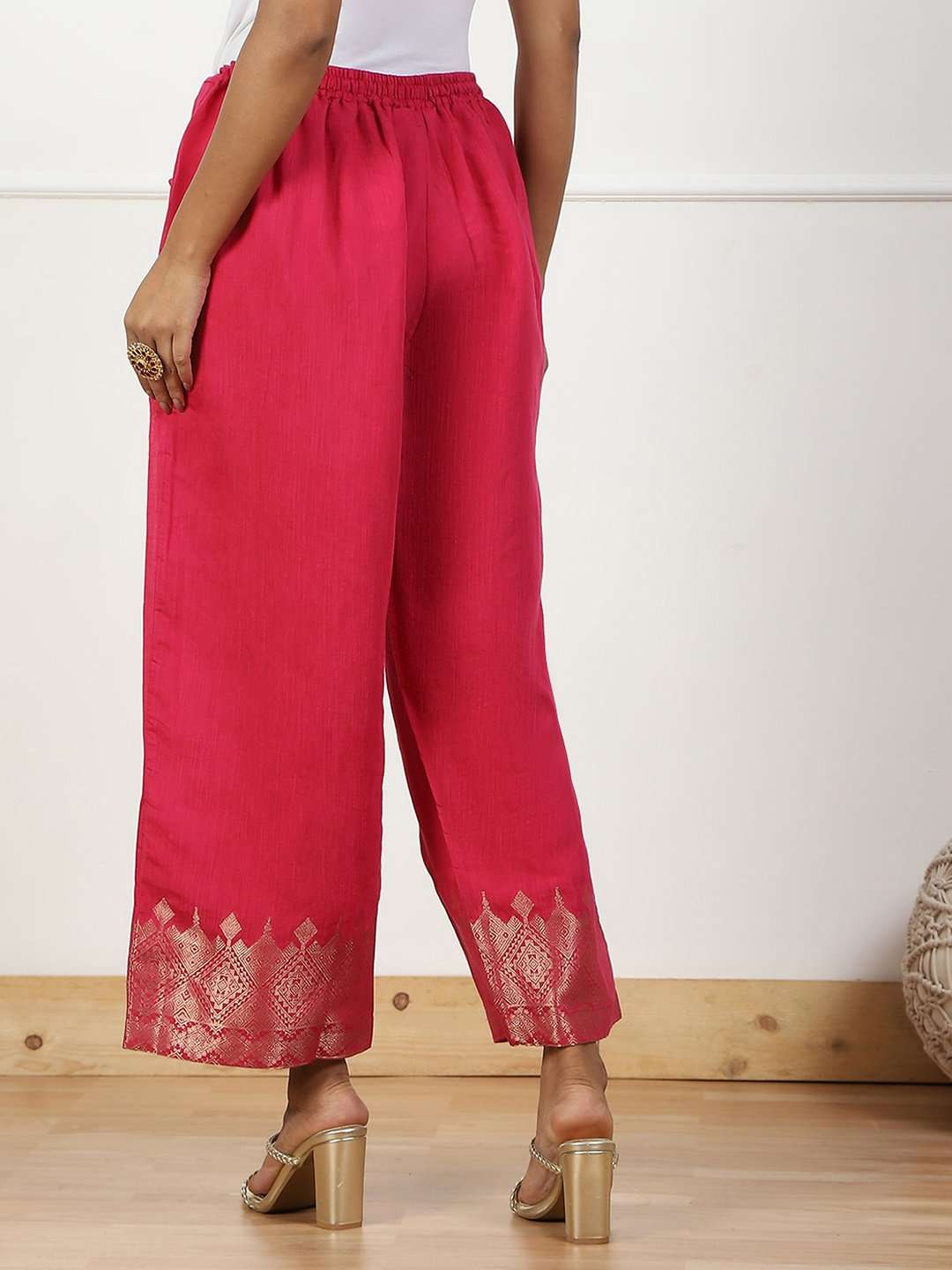 Blue Jacquard Solid Straight Palazzo Pants image number 5