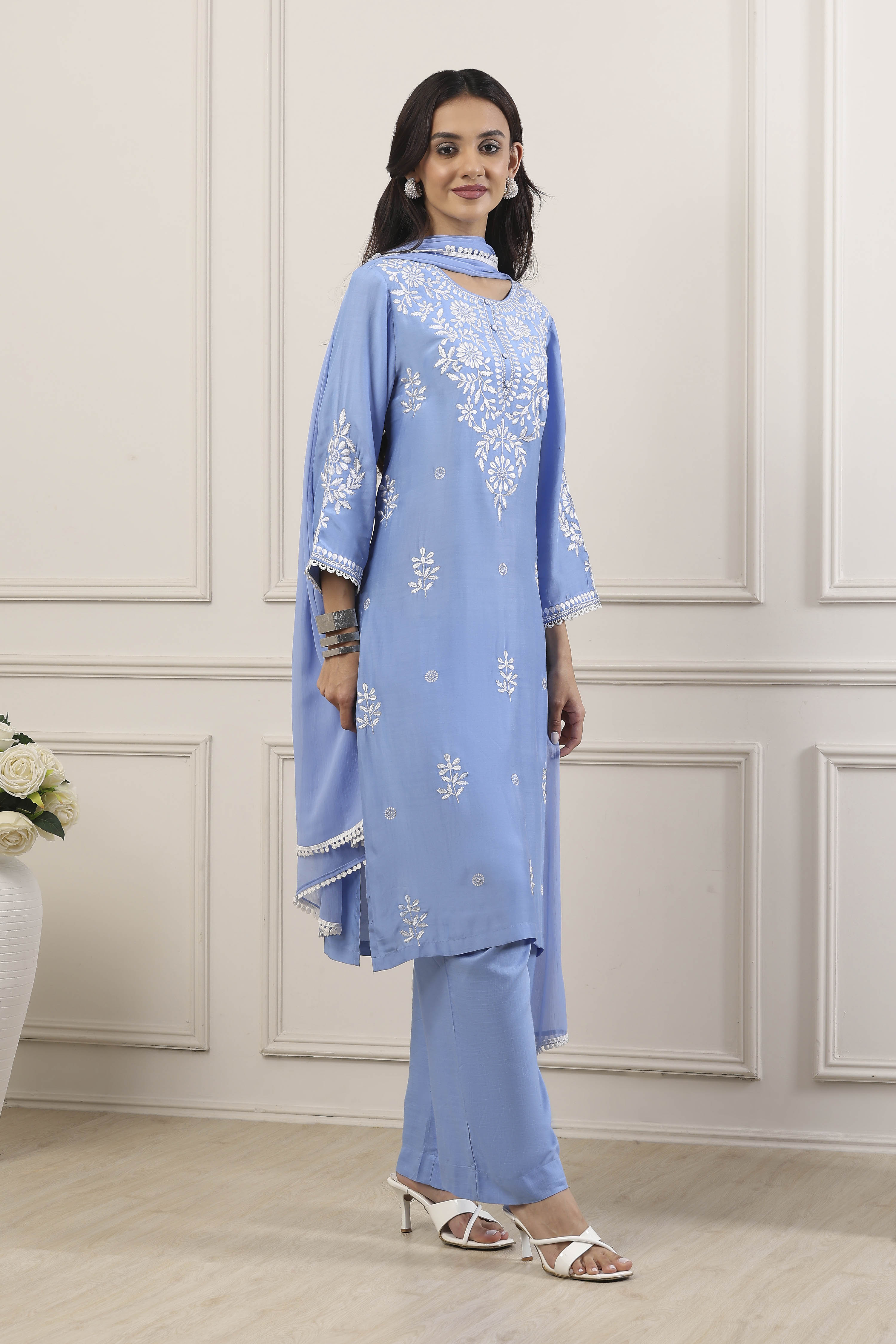 Blue Poly Viscose Straight Suit Set image number 5