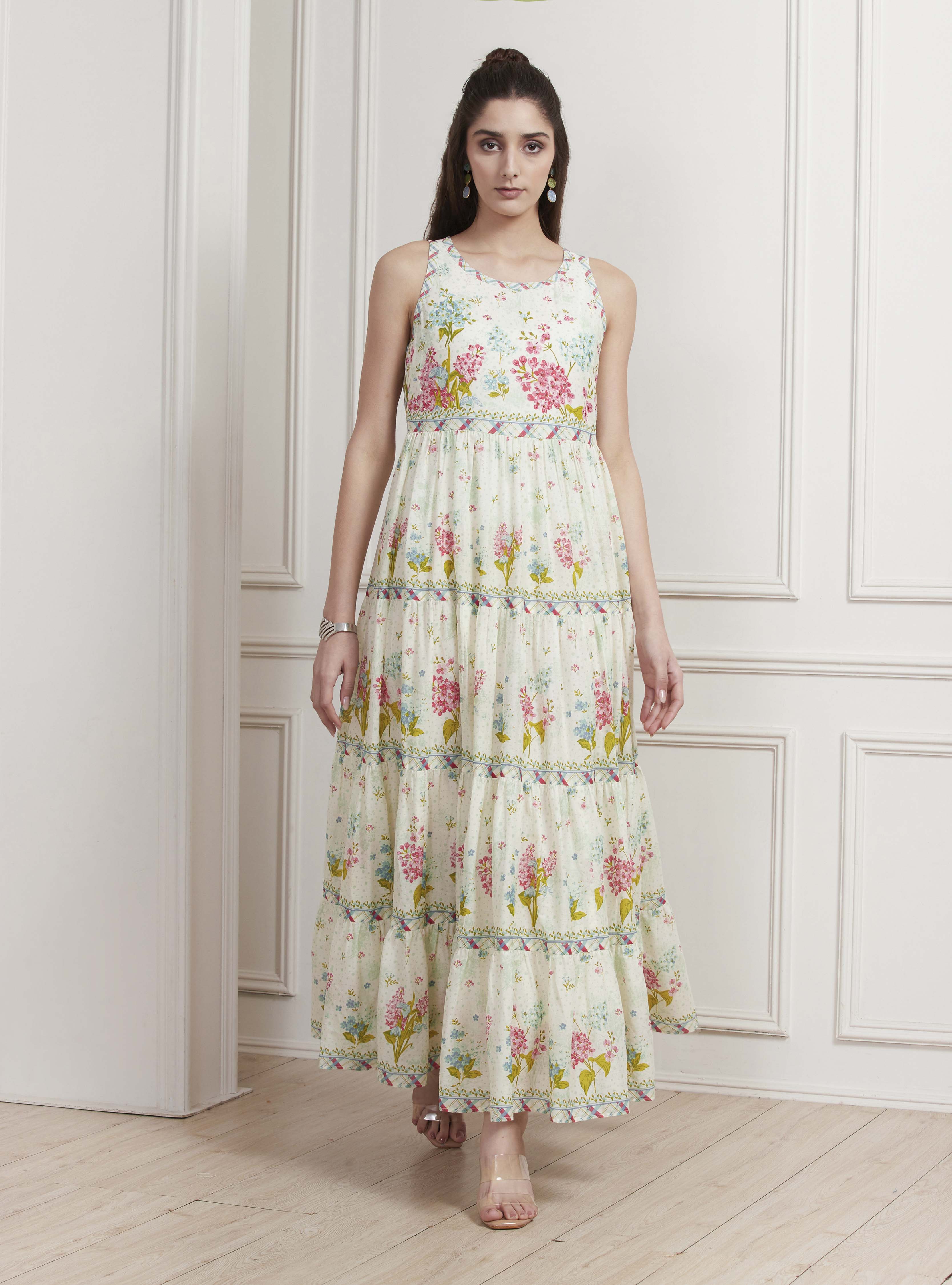 Off-White Cotton Printed Tiered Dress image number 5