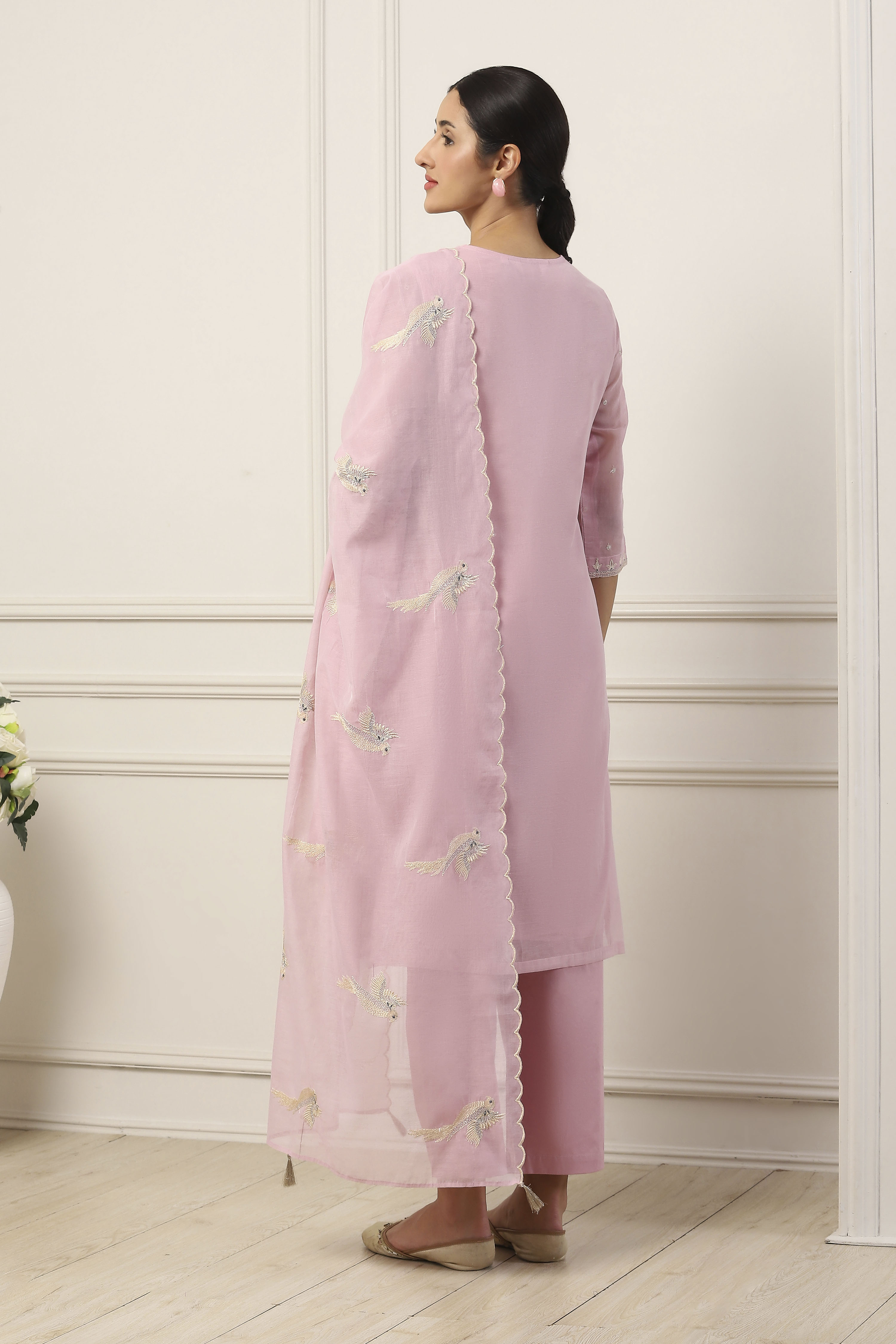 Pink Poly Chanderi Embroidered Straight Suit Set image number 4