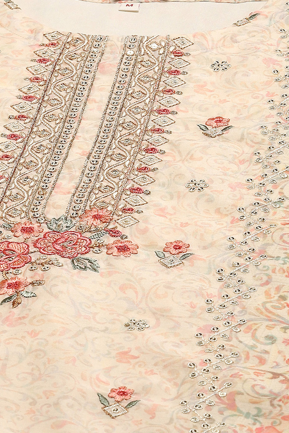 Peach Chanderi Blend Machine Embroidered Unstitched Suit Set image number 2