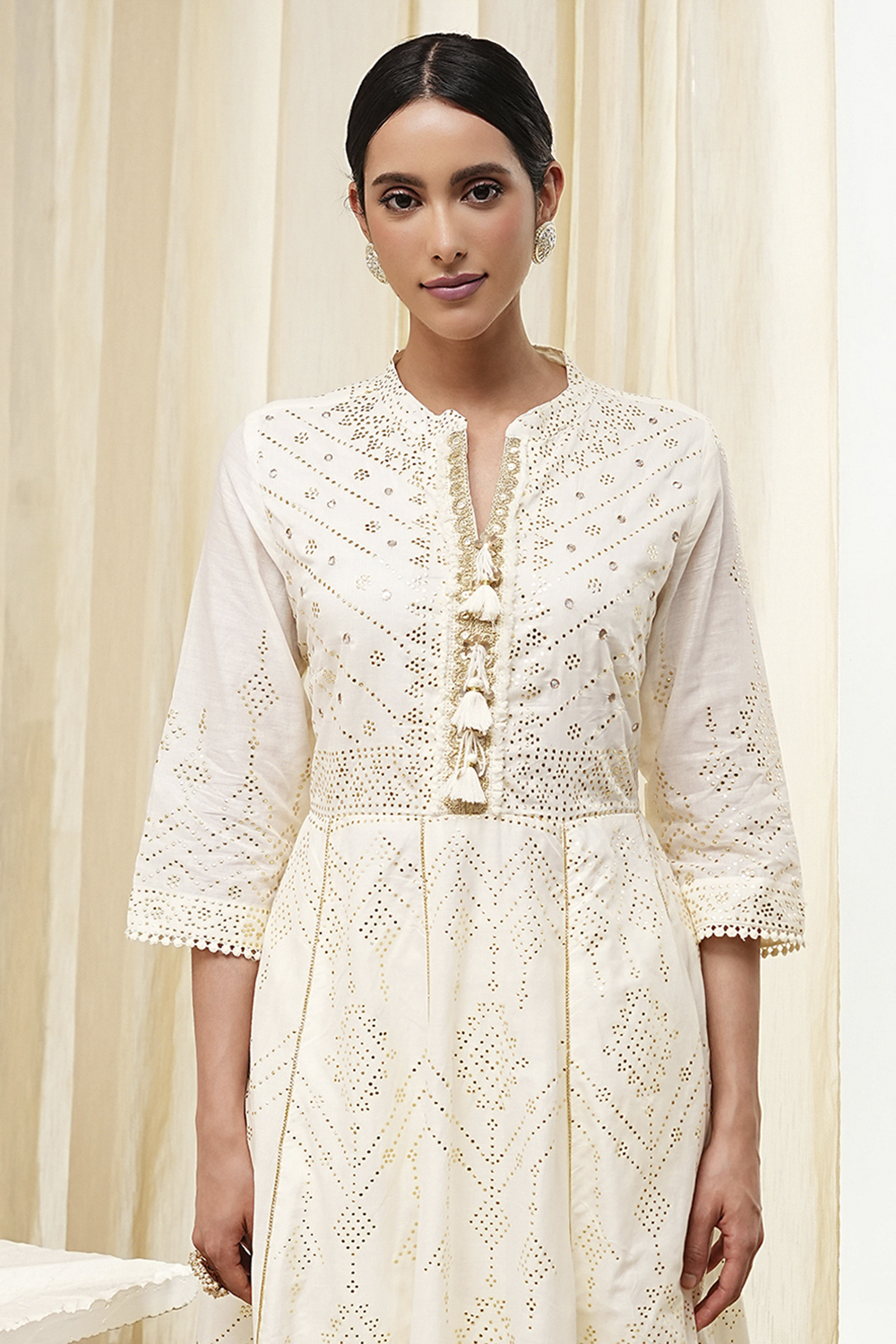 Off-White Cotton Embellished Anarkali Suit Set image number 1