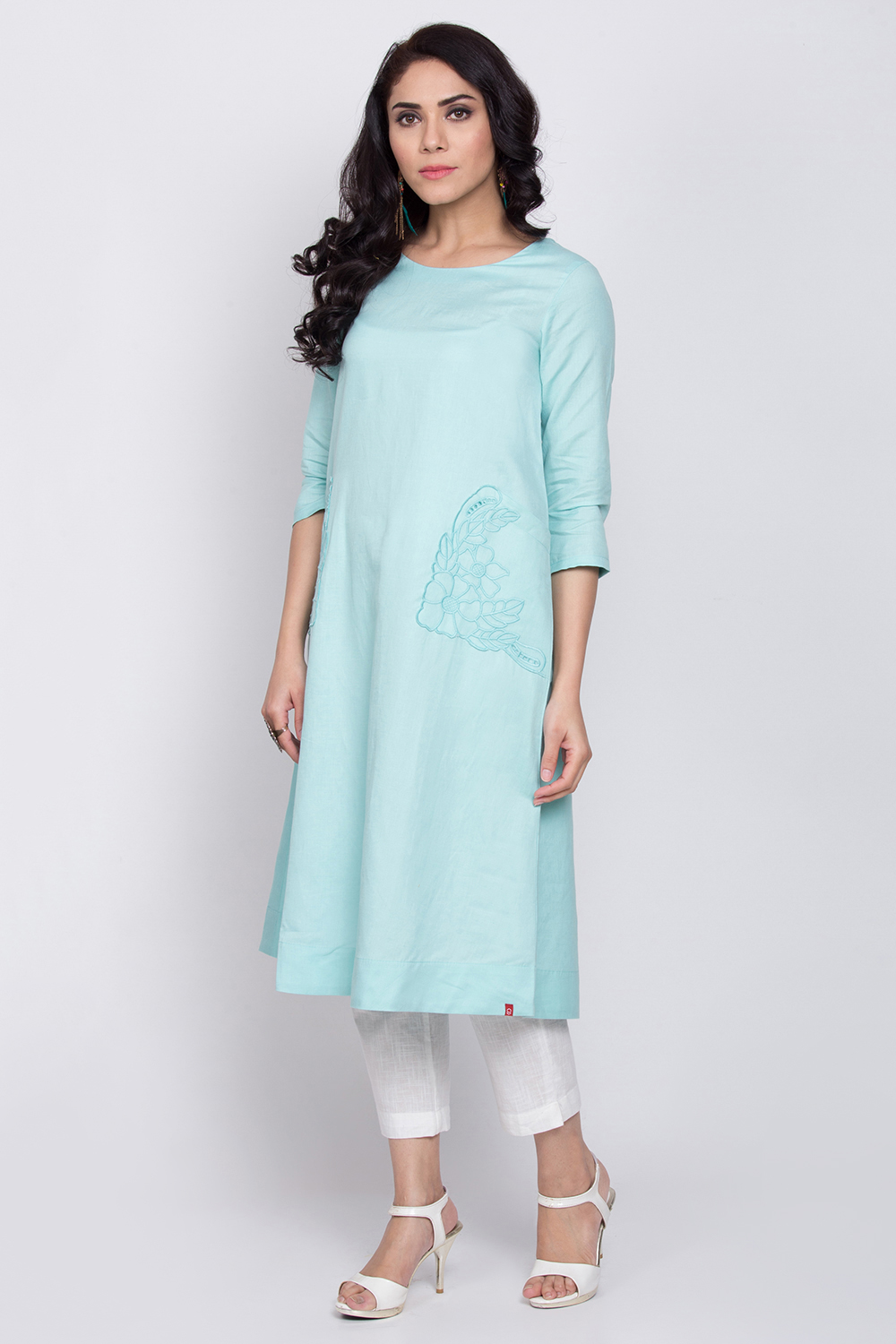 Sky Blue Cotton Linen A-Line Yarndyed Kurta image number 2