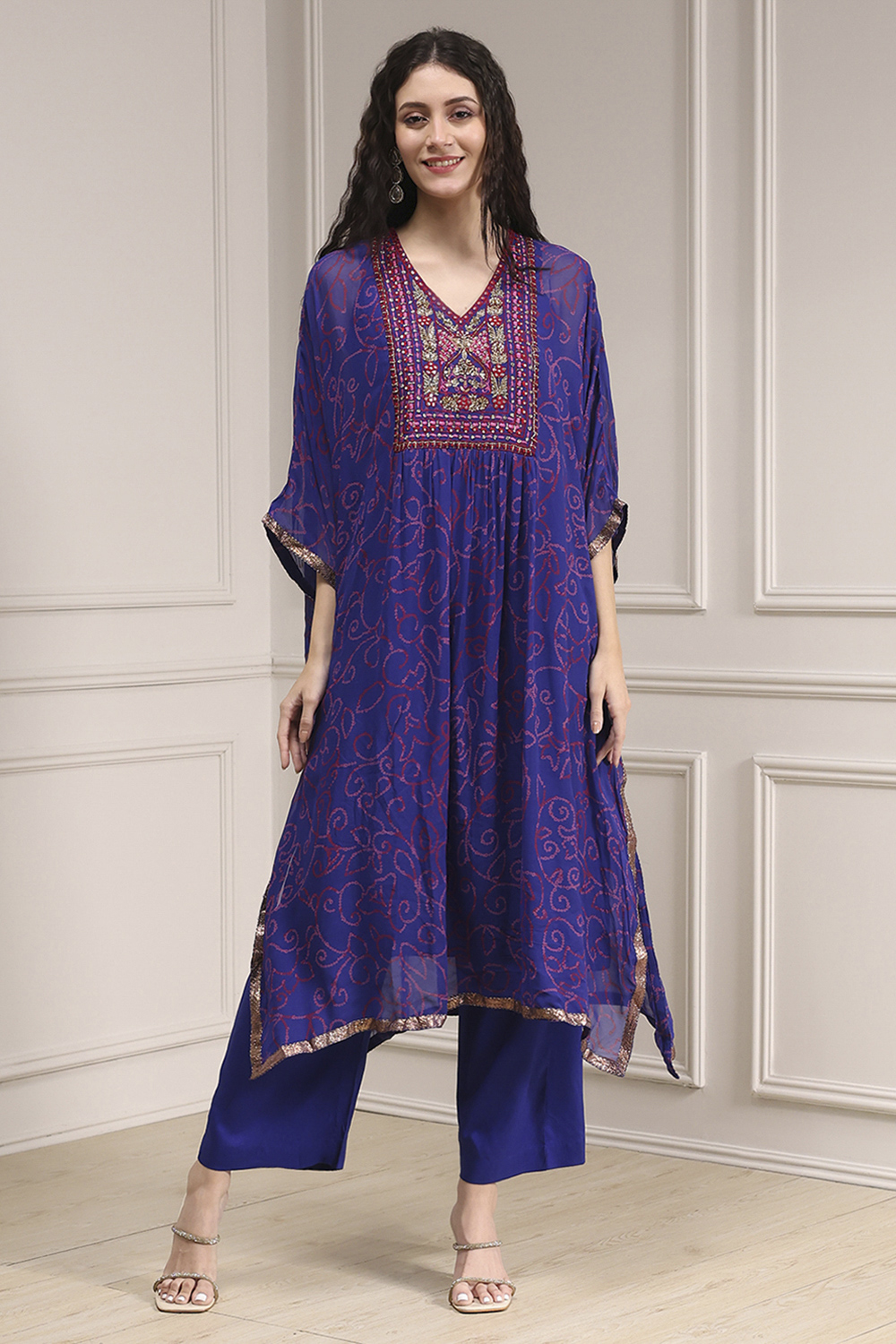 Purple Viscose Straight Printed Fusion Set image number 6