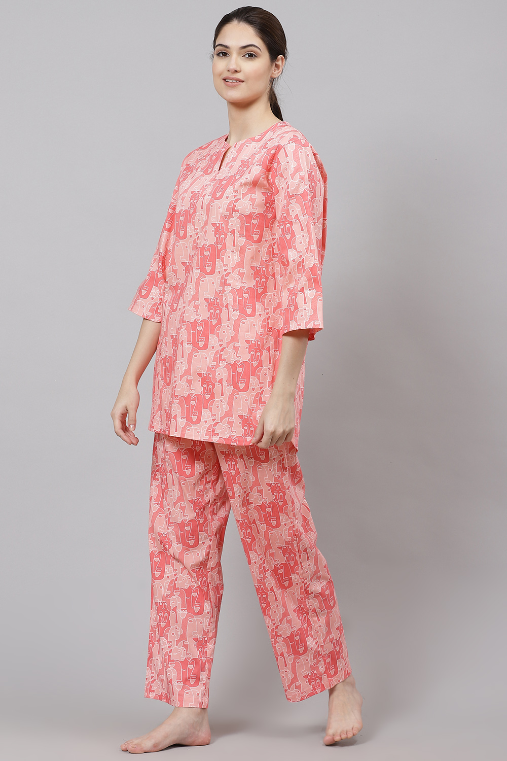 Pink Straight Cotton Three Piece Printed Sleepwear Set image number 4